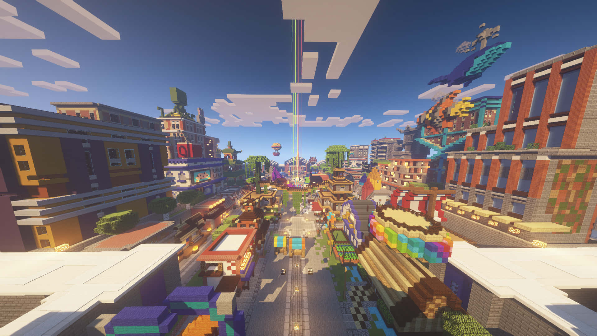 Minecraft City 桌布 壁紙 — 一個充滿活力的Minecraft城市景觀，色彩繽紛的方塊建築和漂浮結構，在明亮的藍天下。