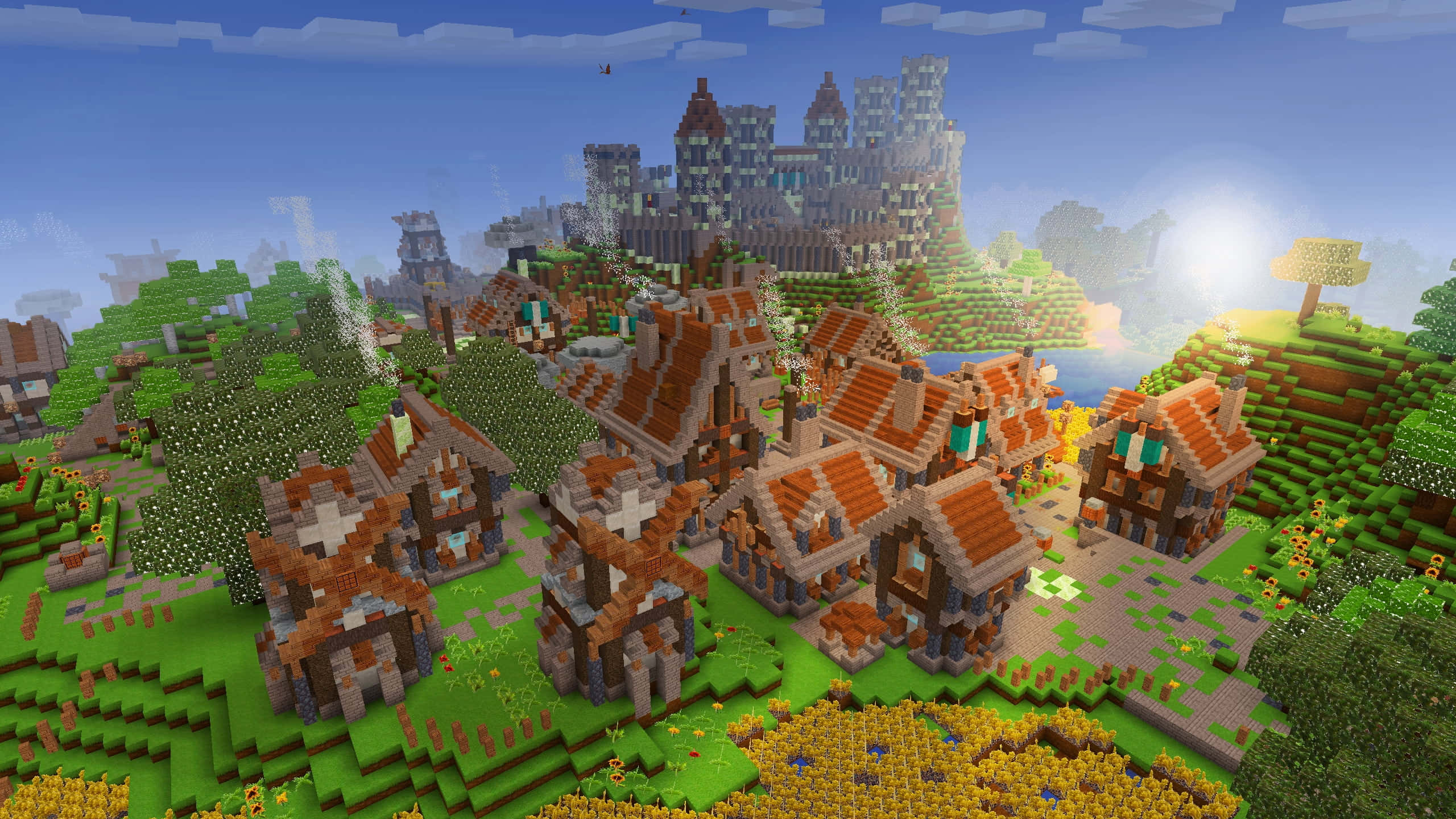 Minecraft Adventure 桌布 壁紙 — 一個充滿活力的Minecraft村莊，有紅頂房屋和山丘上的城堡，在明亮的藍天下。