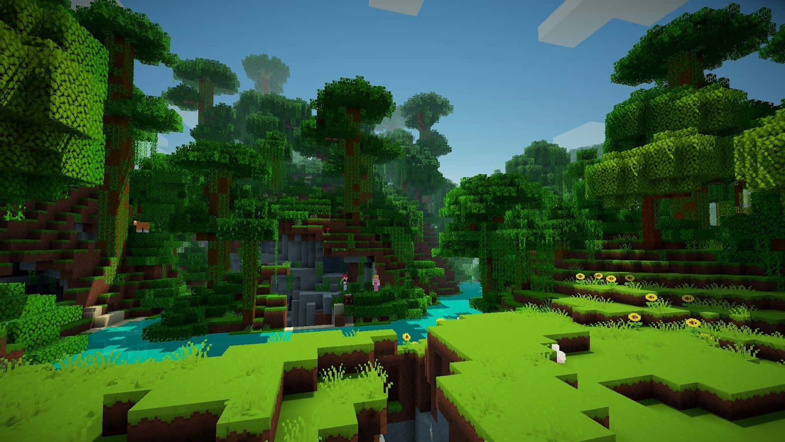 Minecraft Map 桌布 壁紙 — 一個充滿活力的Minecraft森林，有像素化的樹木、河流和向日葵，在晴朗的藍天下。