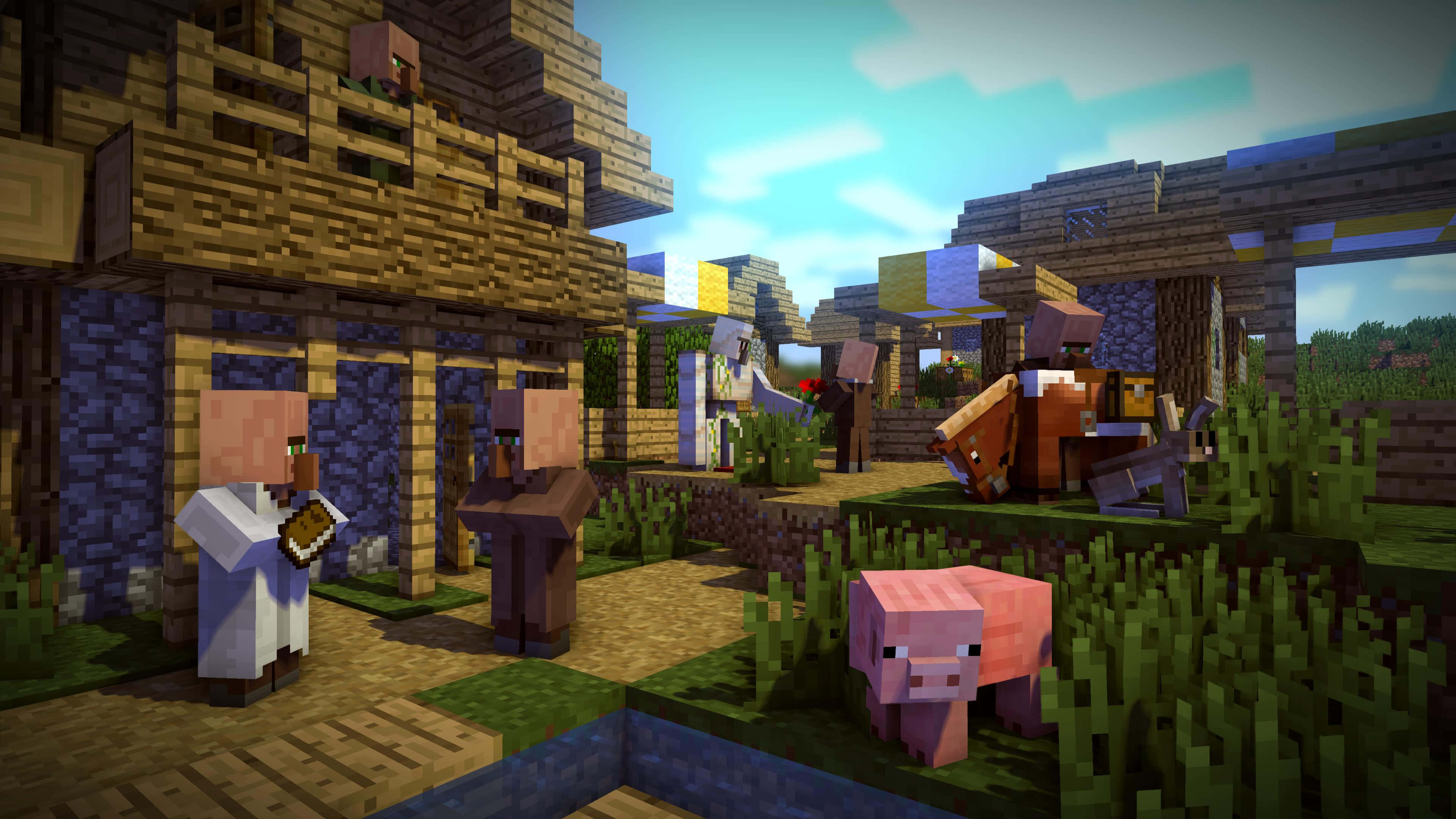 Minecraft Survival 桌布 壁紙 — 一個充滿活力的Minecraft村莊場景，有方塊狀的村民、豬和木屋，在明亮的藍天下。