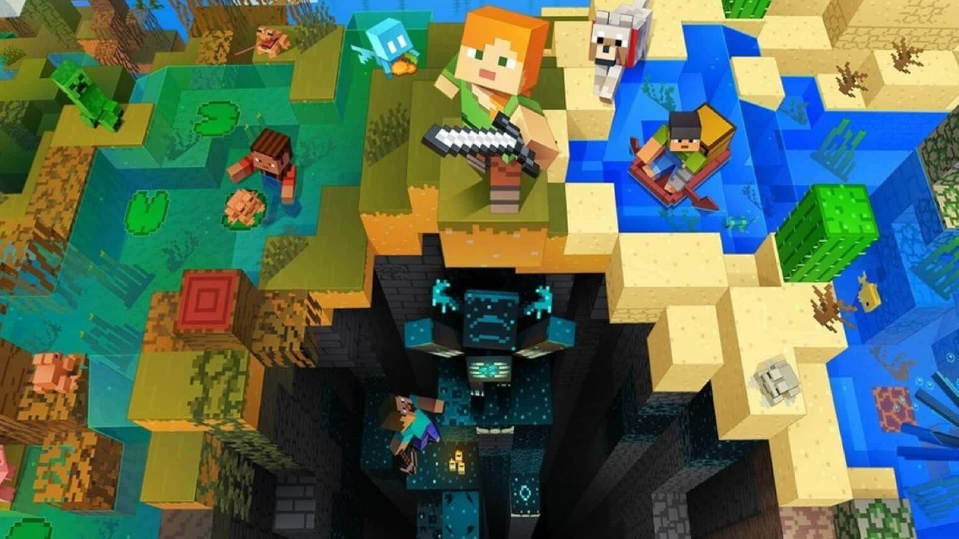 Minecraft Mods 桌布 壁紙 — 一個充滿活力的Minecraft場景，方塊角色探索著一個色彩繽紛、像素化的世界，其中有水下洞穴和叢林生物群落。