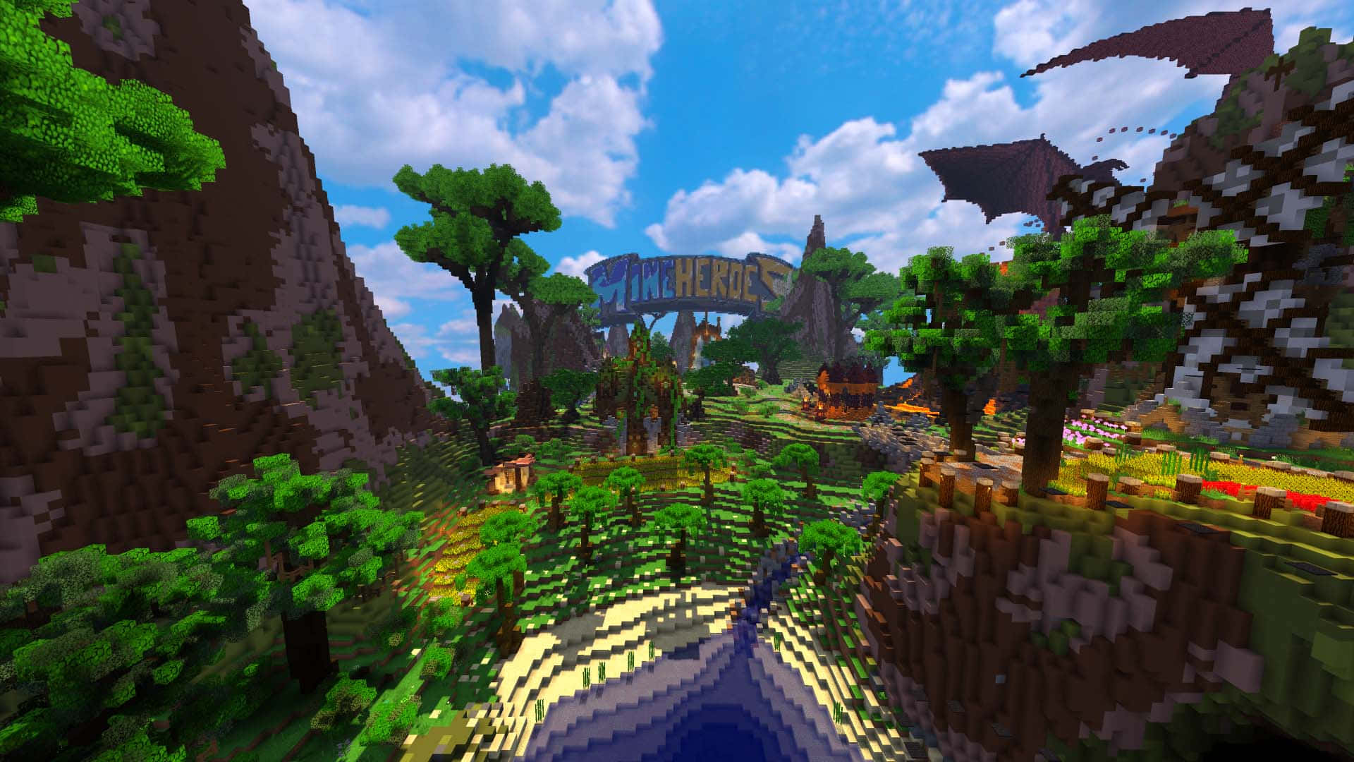 Minecraft Server 桌布 壁紙 — 一個充滿活力的Minecraft景觀，有像素化的樹木、山脈，以及一條龍在明亮的藍天下飛過村莊。