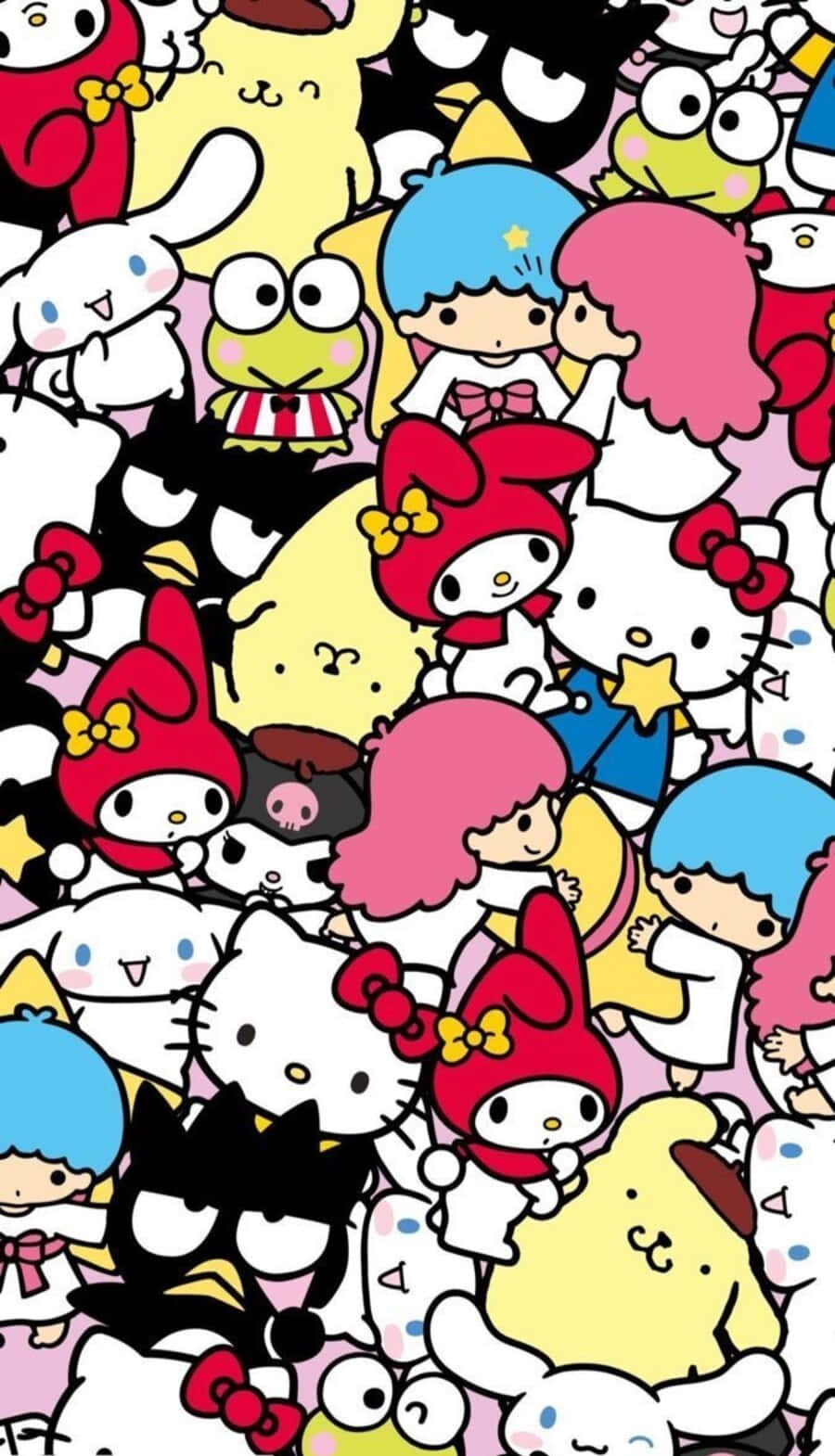 Hello Kitty And Friends 桌布 壁紙 — 一個充滿活力的Sanrio角色拼貼畫，如Hello Kitty和My Melody，呈現密集、色彩繽紛的圖案。