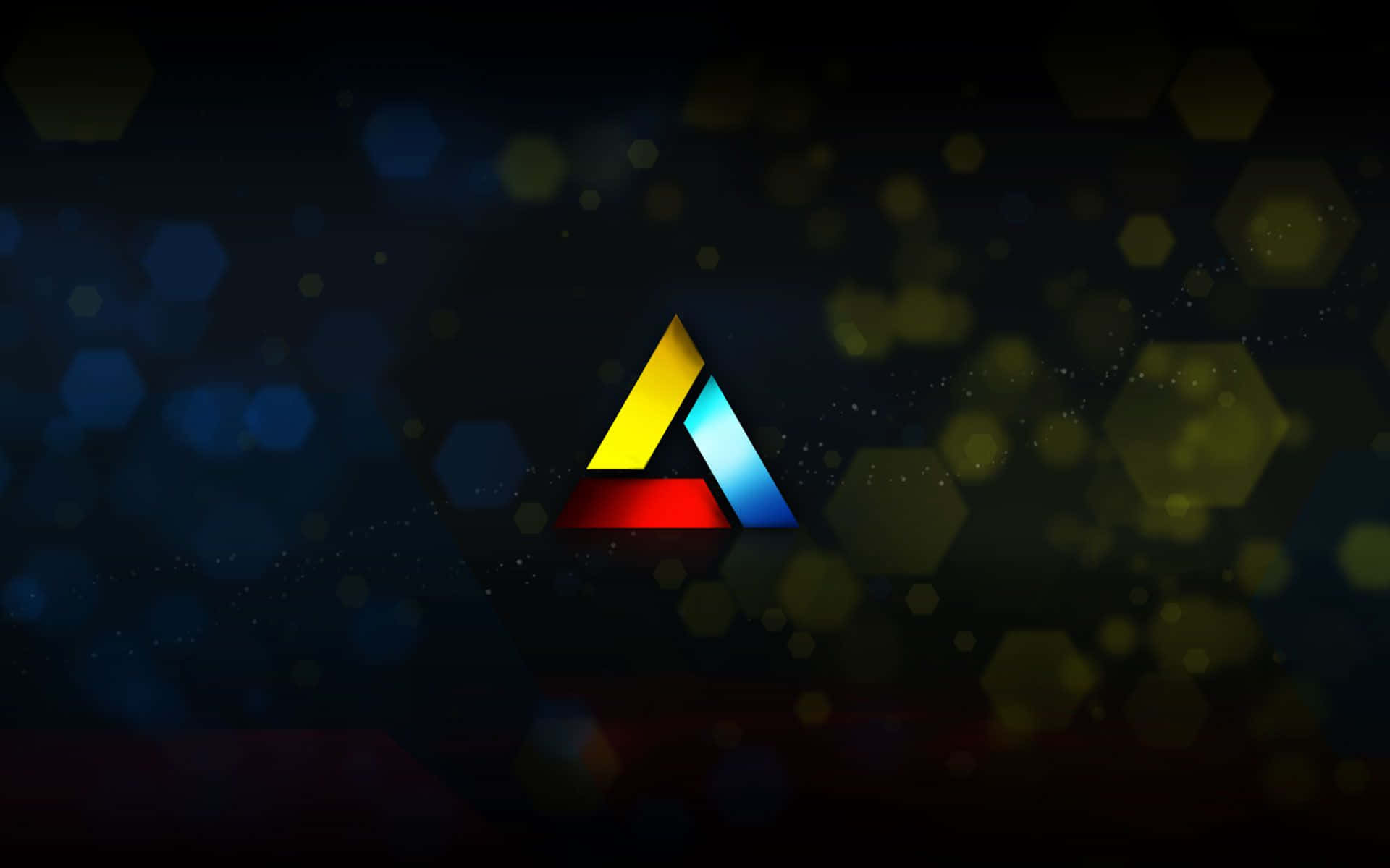 Abstergo 桌布 壁紙 — 一個充滿活力的三角形標誌，帶有黃色、藍色和紅色部分，在充滿六邊形散景燈光的黑暗背景上發光。
