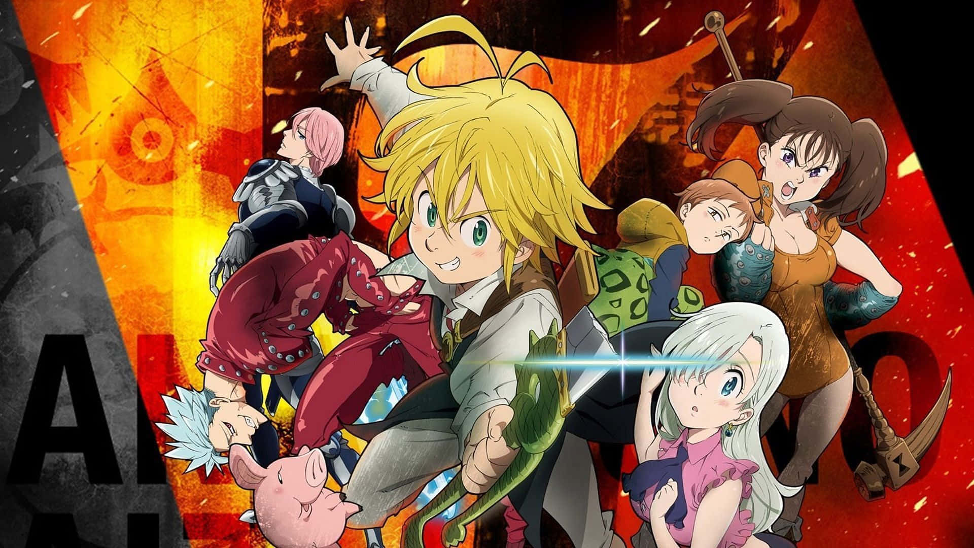 The Seven Deadly Sins 桌布 壁紙 — 一個充滿活力的動漫冒險家團體，手持劍和豬吉祥物，背景是火熱的橙色和紅色。
