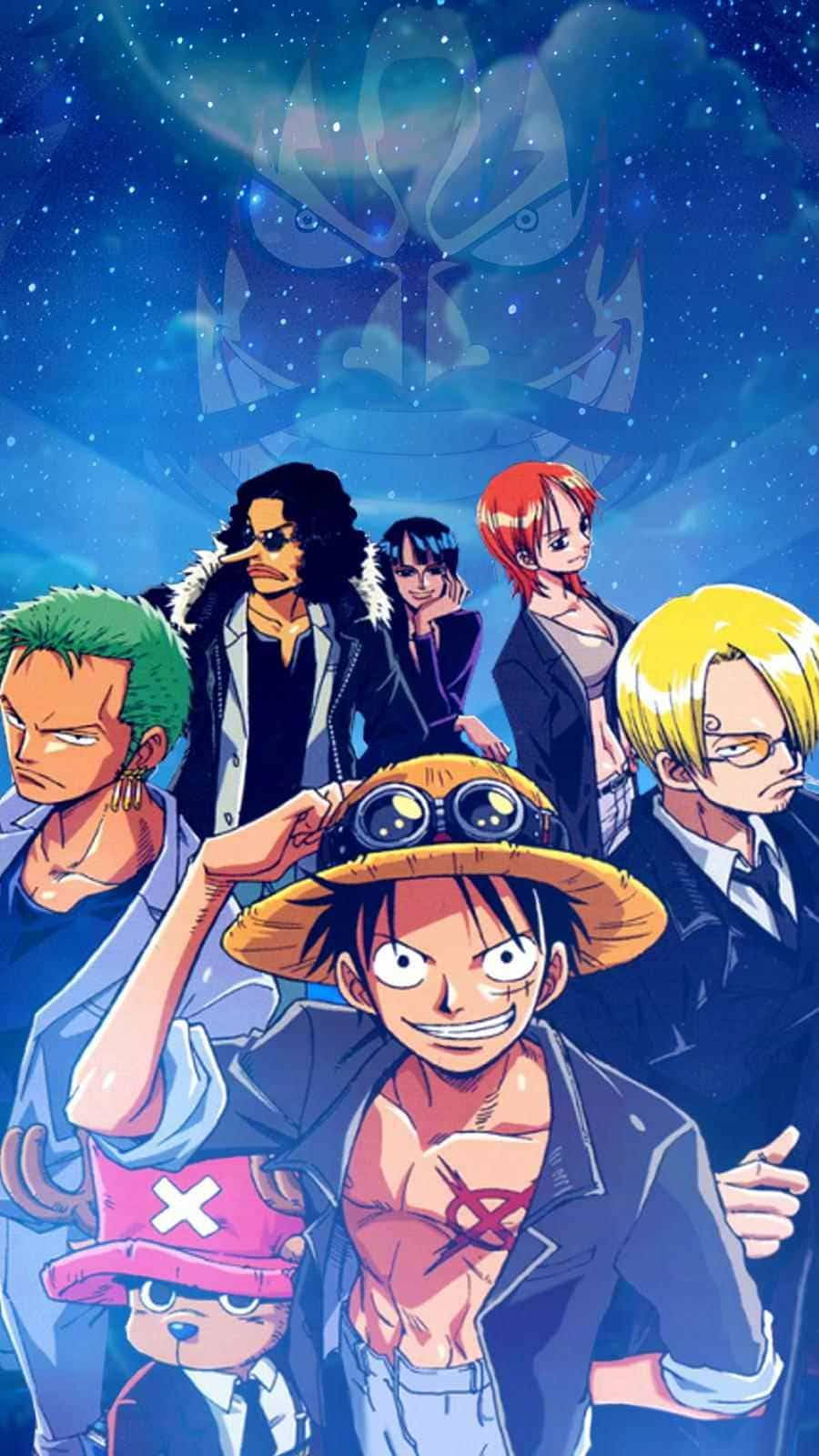 動漫角色 桌布 壁紙 — 一個充滿活力的動漫團隊在星空下挑釁地站立，身後有一個若隱若現的幽靈面孔。