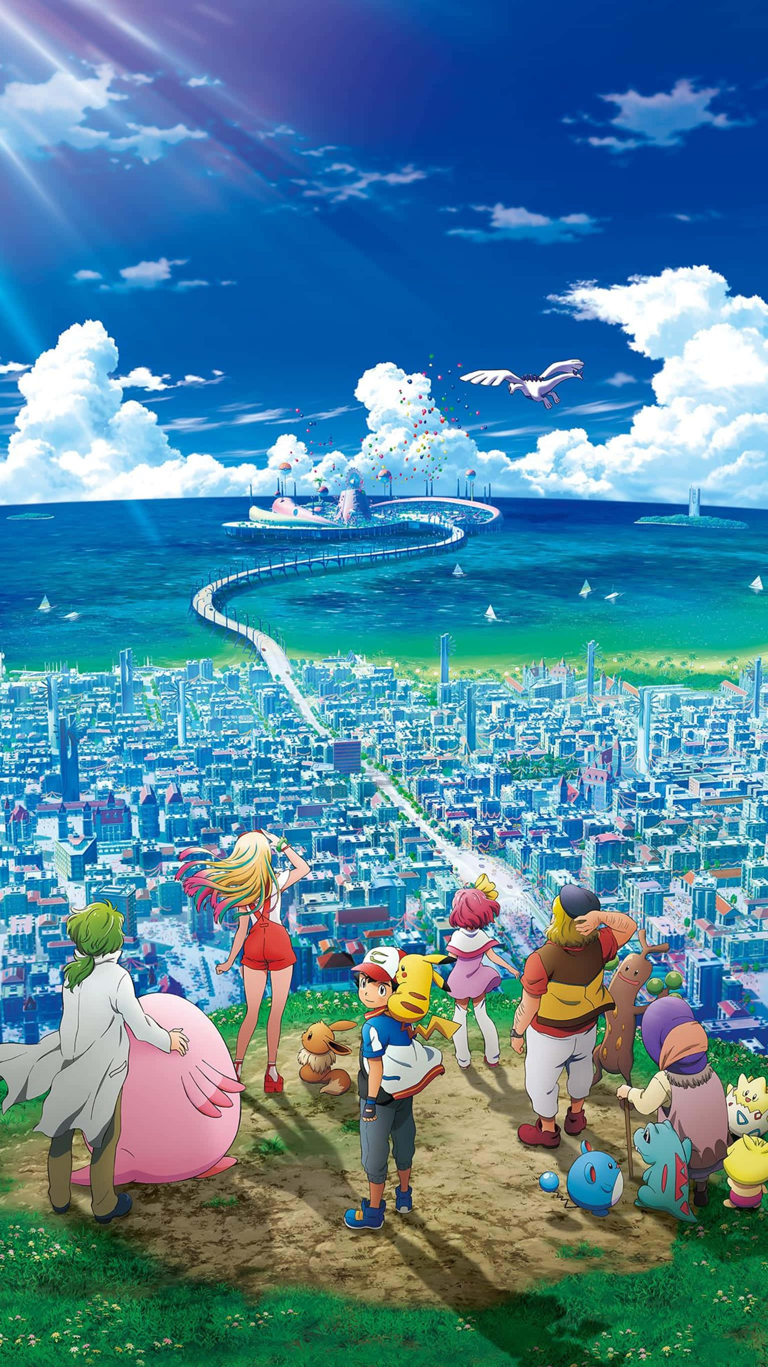 Pokemon Movies 桌布 壁紙 — 一個充滿活力的動漫團體站在山頂上，俯瞰著廣闊的海濱城市，天空湛藍，雲朵蓬鬆。
