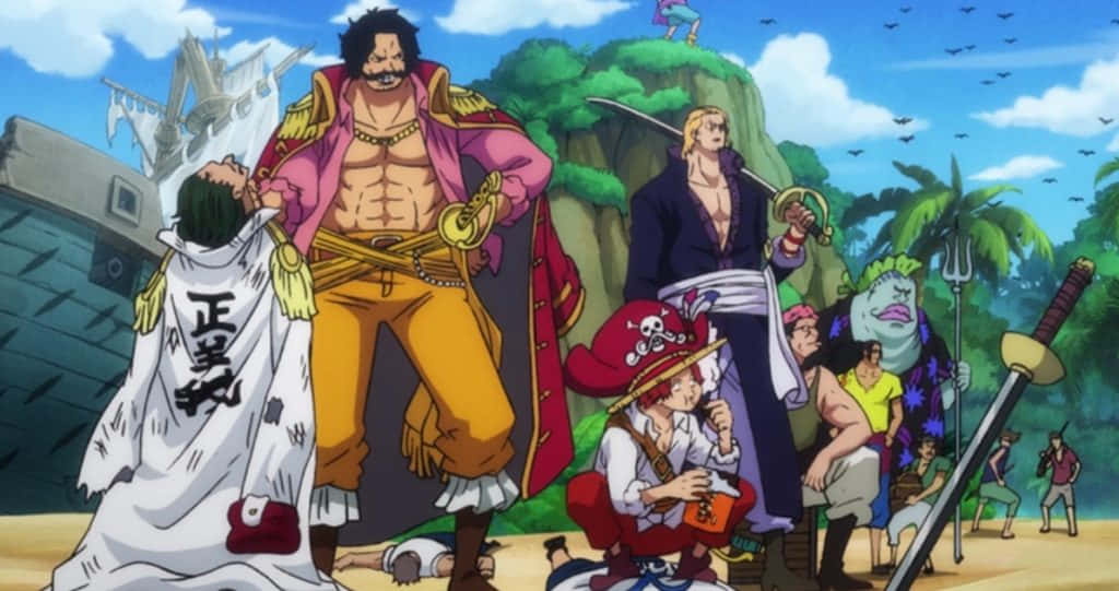 King Of The Pirates 桌布 壁紙 — 一個充滿活力的動漫場景，描繪一群海盜在熱帶海灘上，背景有船和棕櫚樹。