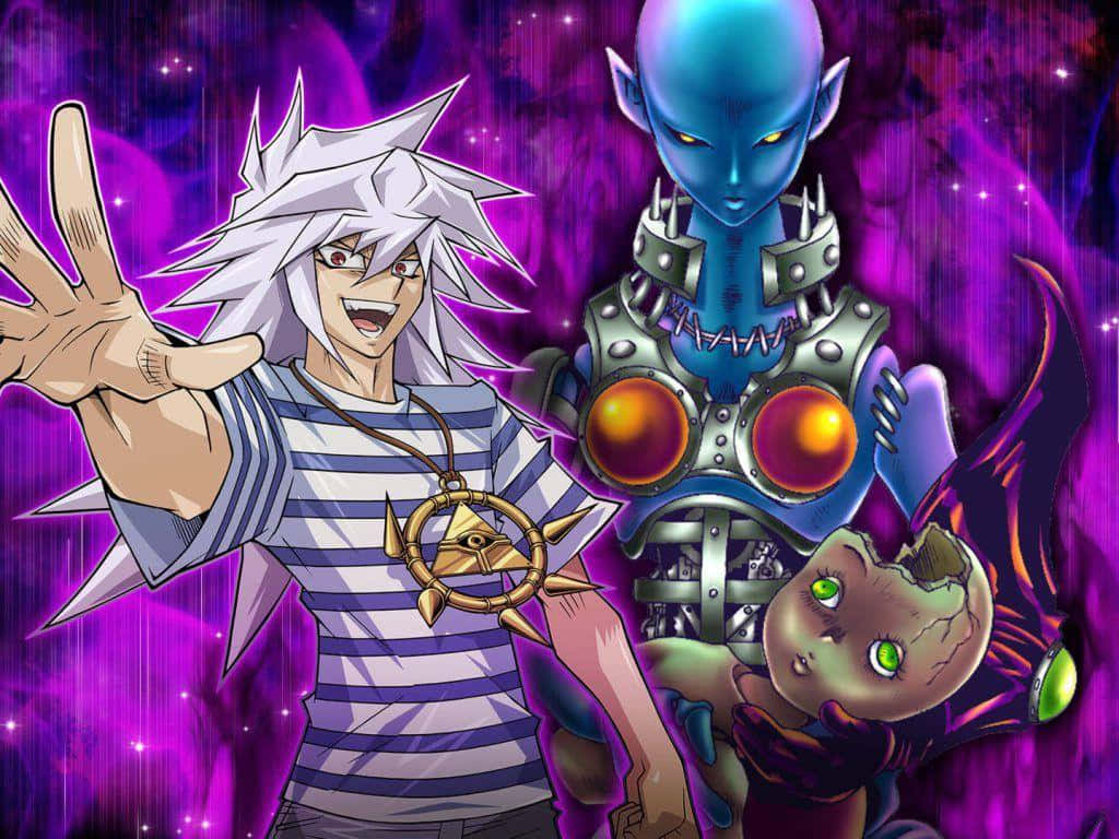 Yami Bakura 桌布 壁紙 — 一個充滿活力的動漫場景，有一個白髮男孩穿著條紋襯衫，一個藍色外星戰士和一個破裂的娃娃，背景是宇宙紫色。