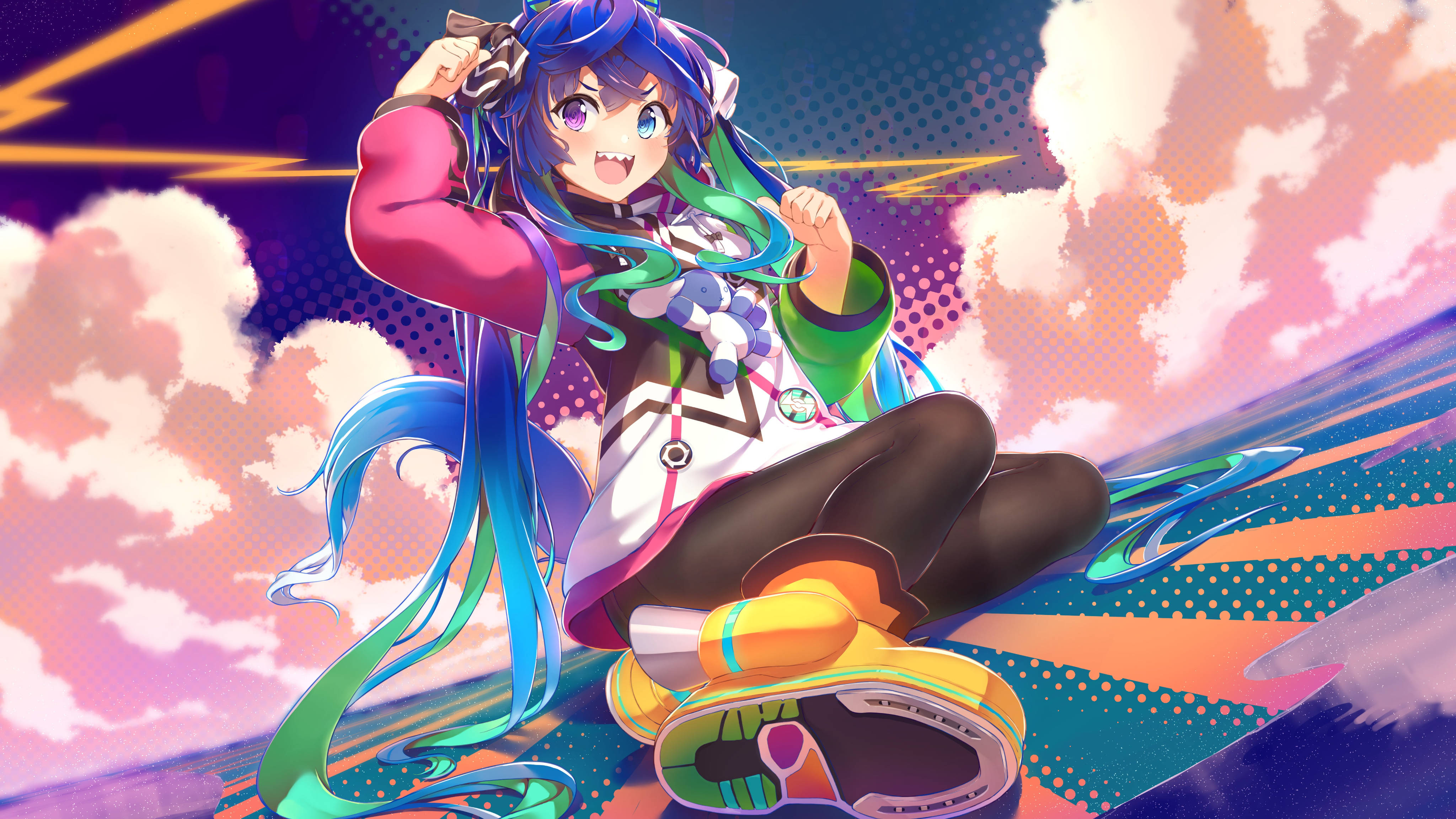 Uma Musume Pretty Derby Twin Turbo 壁紙 — 一個充滿活力的動漫女孩，擁有藍色和綠色的頭髮，動態地坐在色彩繽紛的天空下，有雲和閃電。