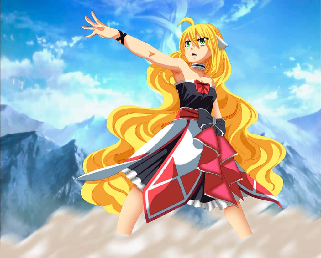 Mavis Vermillion 桌布 壁紙 — 一個充滿活力的動漫女孩，擁有長長的金色頭髮和綠色眼睛，在雪山和明亮藍天的背景下擺出動態姿勢。