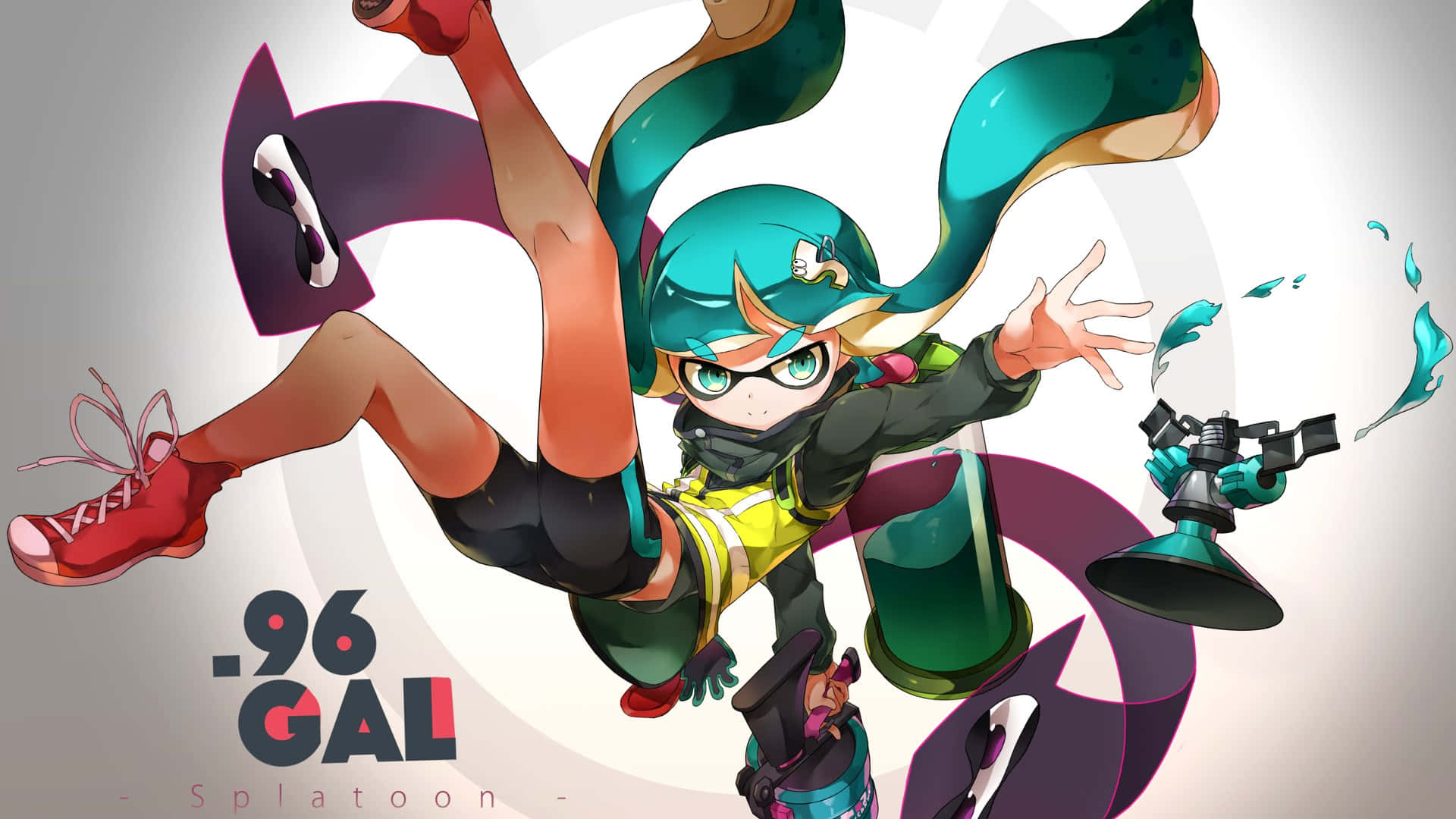 splatoon 桌布 壁紙 — 一個充滿活力的動漫女孩，擁有青綠色頭髮和護目鏡，在半空中跳躍，手持魷魚墨水槍，背景是風格化的紫色和白色。
