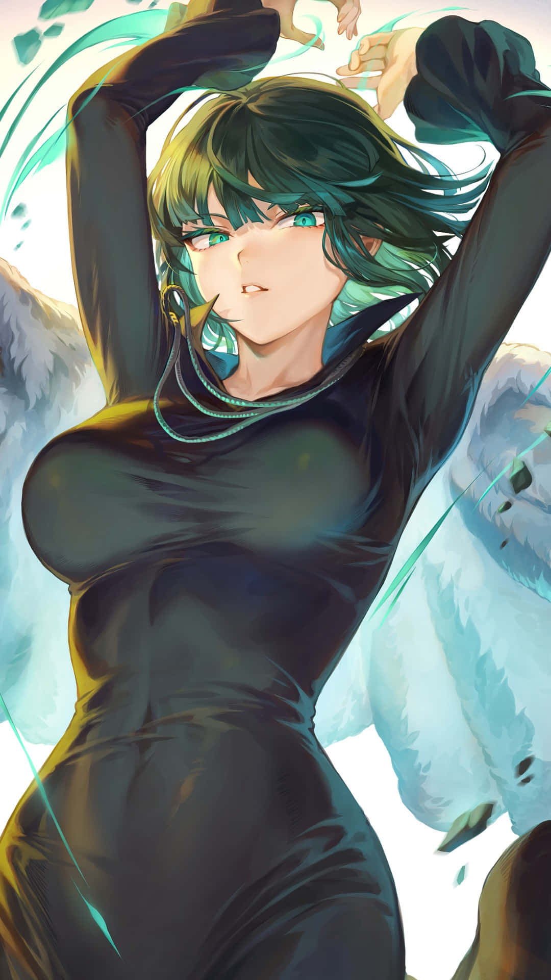 Fubuki 桌布 壁紙 — 一個充滿活力的動漫女孩，擁有青綠色頭髮和發光的眼睛，在明亮的抽象背景前擺出強有力的姿勢。