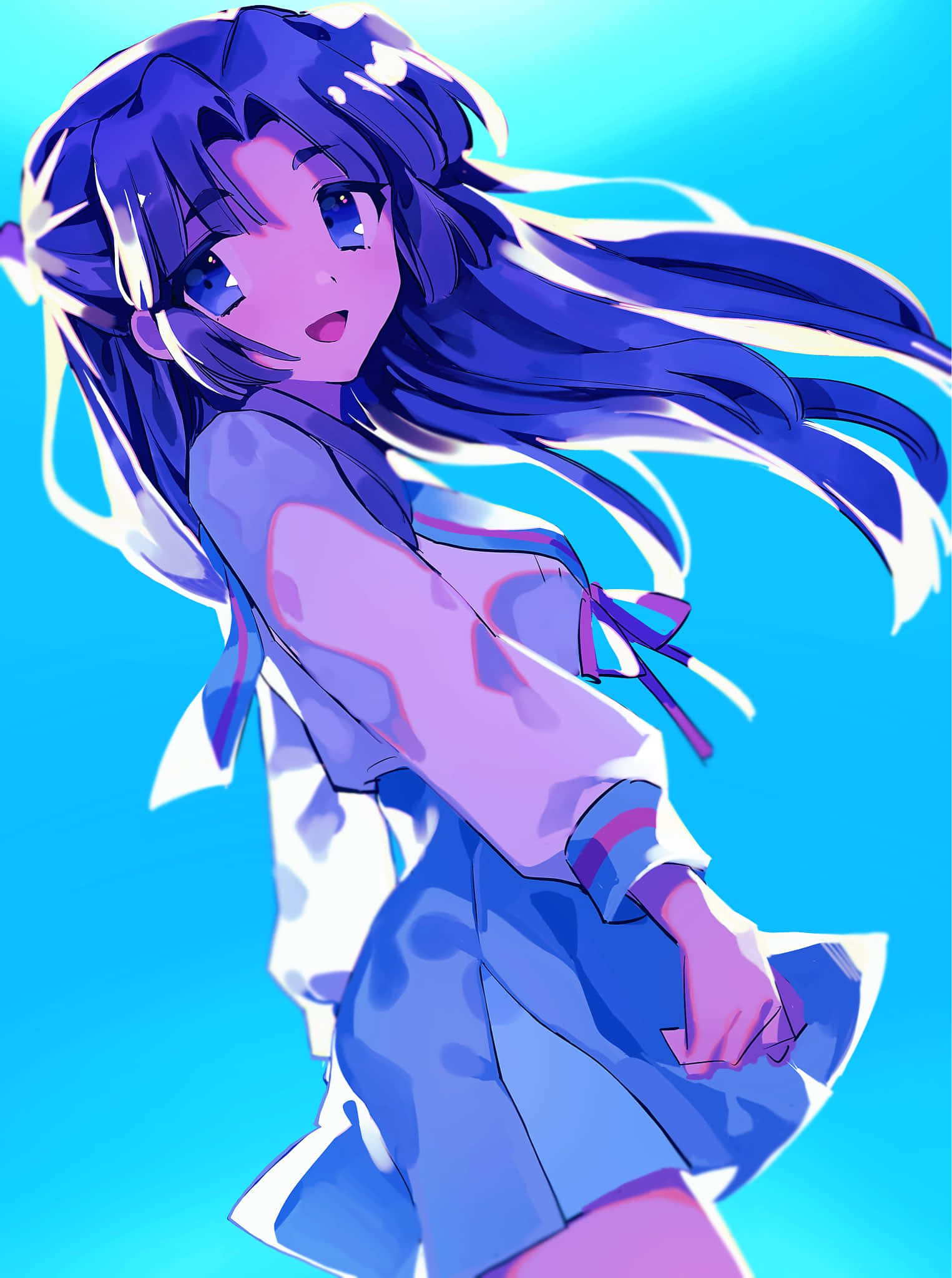 Ryoko Asakura 桌布 壁紙 — 一個充滿活力的動漫女孩，擁有飄逸的紫色頭髮和藍色眼睛，站在明亮的青色背景前，她的衣服隨動作旋轉。