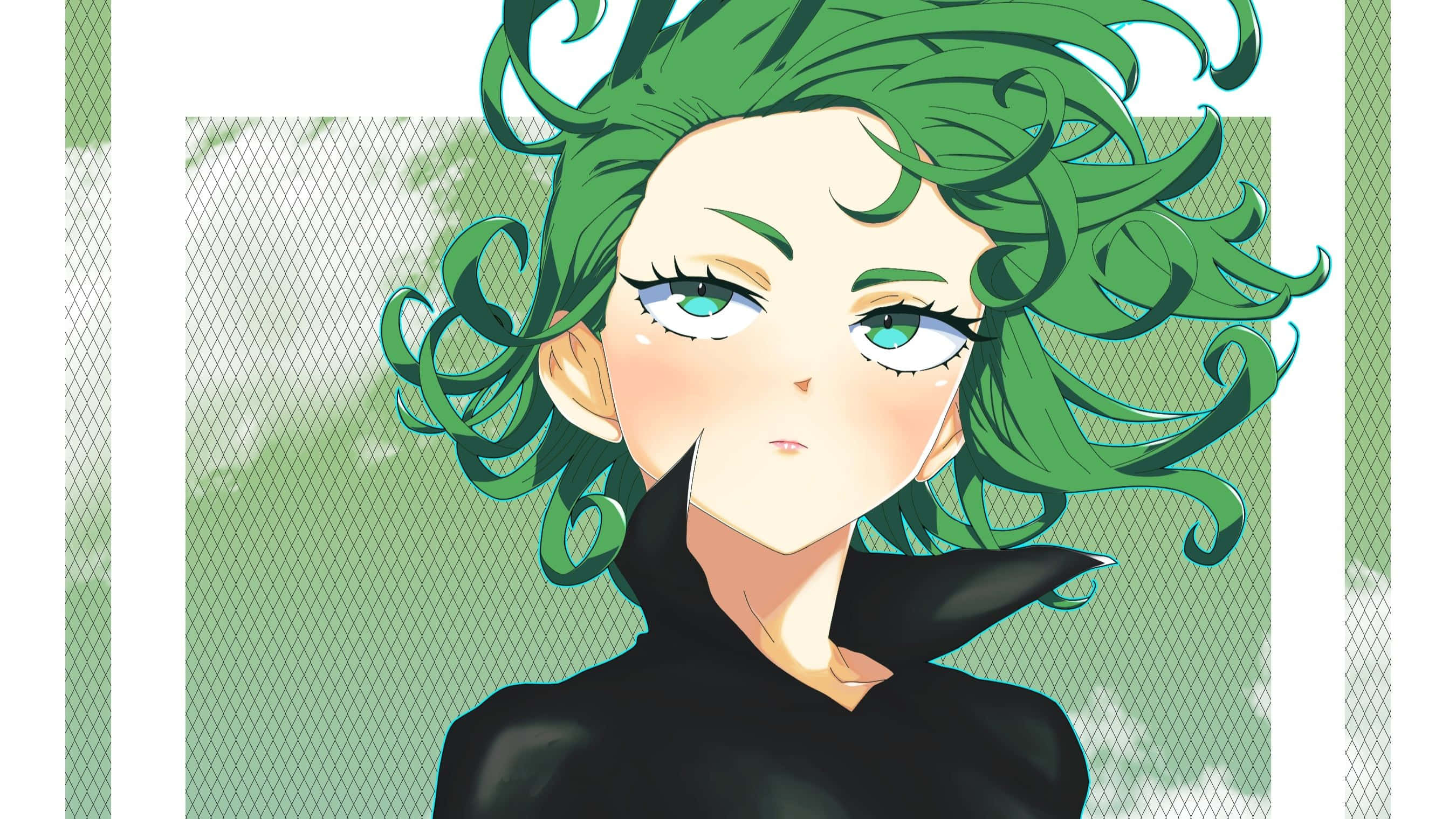 Tatsumaki 桌布 壁紙 — 一個充滿活力的動漫女孩，有著狂野的綠色捲髮和銳利的青色眼睛，在綠色網格背景前溫柔地凝視。