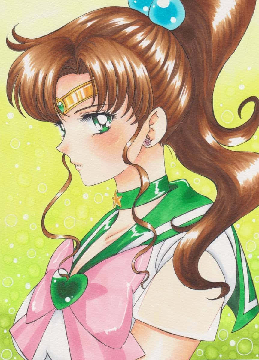 sailor jupiter 桌布 壁紙 — 一個充滿活力的動漫女孩，棕色頭髮和綠色眼睛，穿著粉紅色和綠色的水手服，背景是泡泡青檸綠色。