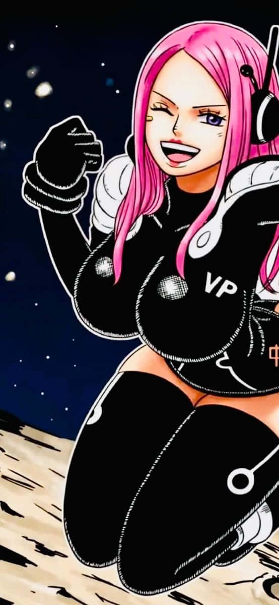Jewelry Bonney 桌布 壁紙 — 一個充滿活力的動漫女孩，粉紅色頭髮和耳機，在星空下擺出開心的姿勢。