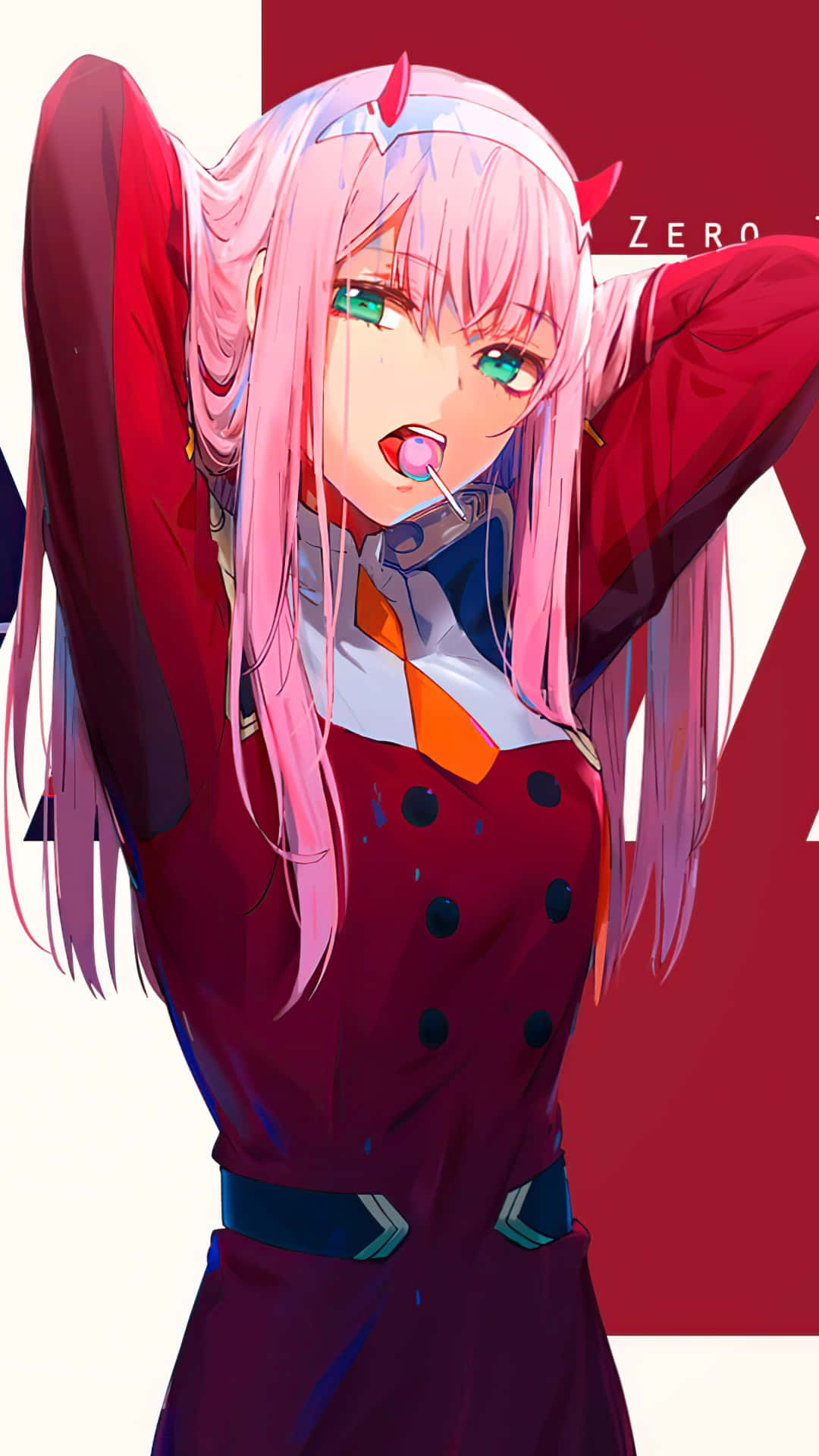 Zero Two —《Darling in the FranXX》 壁紙 — 一個充滿活力的動漫女孩，粉紅色頭髮和紅色角，穿著紅色外套，在鮮明的紅白背景下嚼口香糖。