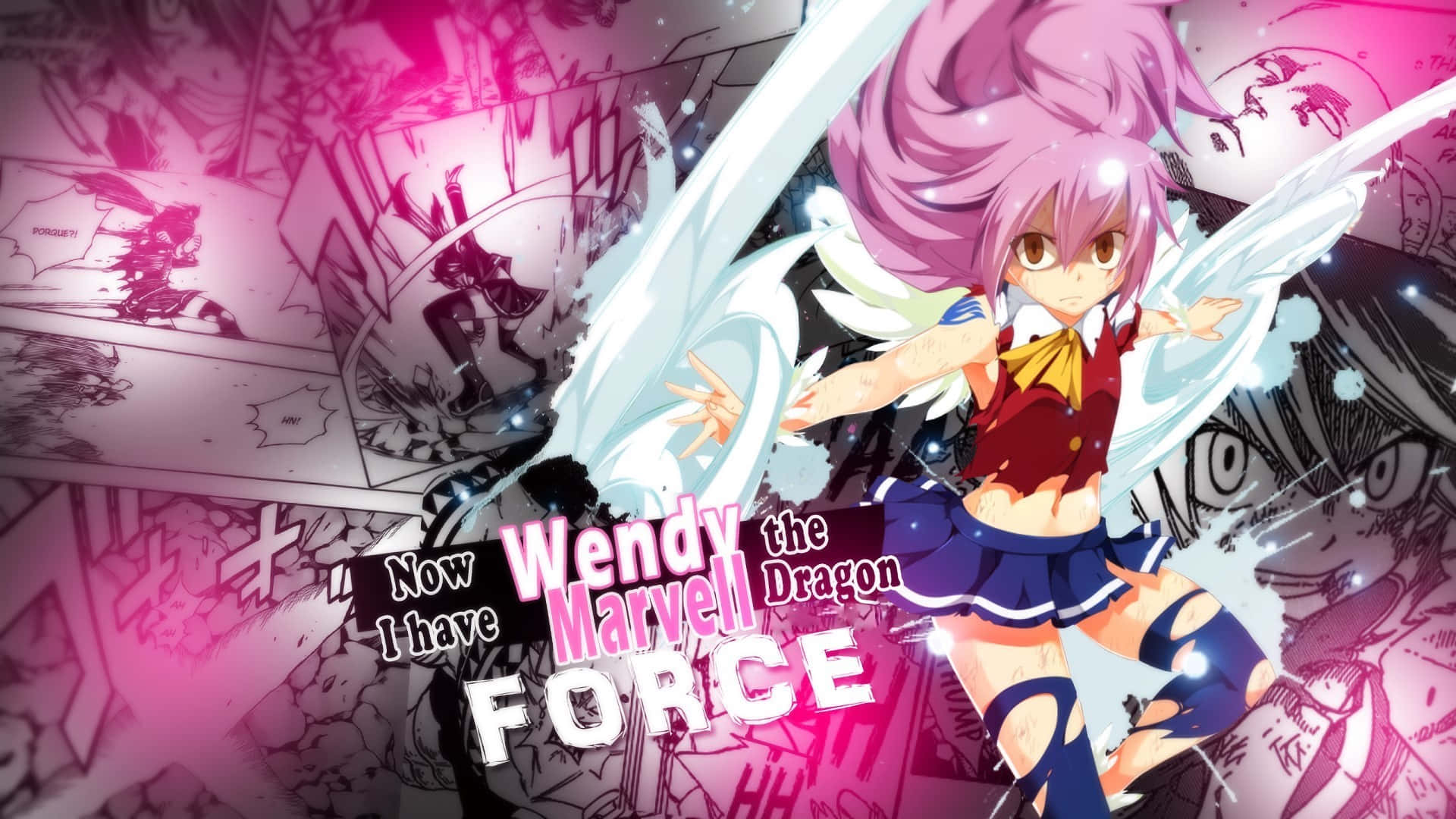 Wendy Marvell 桌布 壁紙 — 一個充滿活力的動漫女孩，粉紅色頭髮和翅膀，在漫畫風格背景中揮舞著發光的劍。