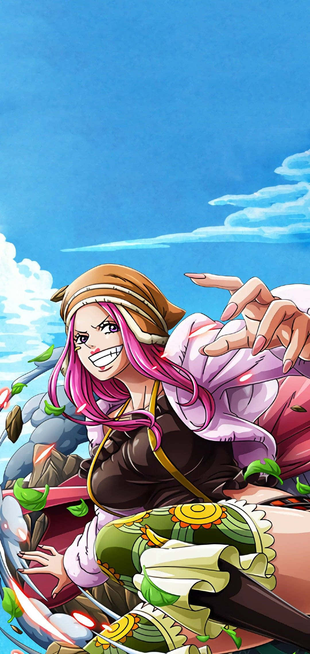 Jewelry Bonney 桌布 壁紙 — 一個充滿活力的動漫女孩，粉紅色頭髮和棕色帽子，在藍天白雲下咧嘴大笑。