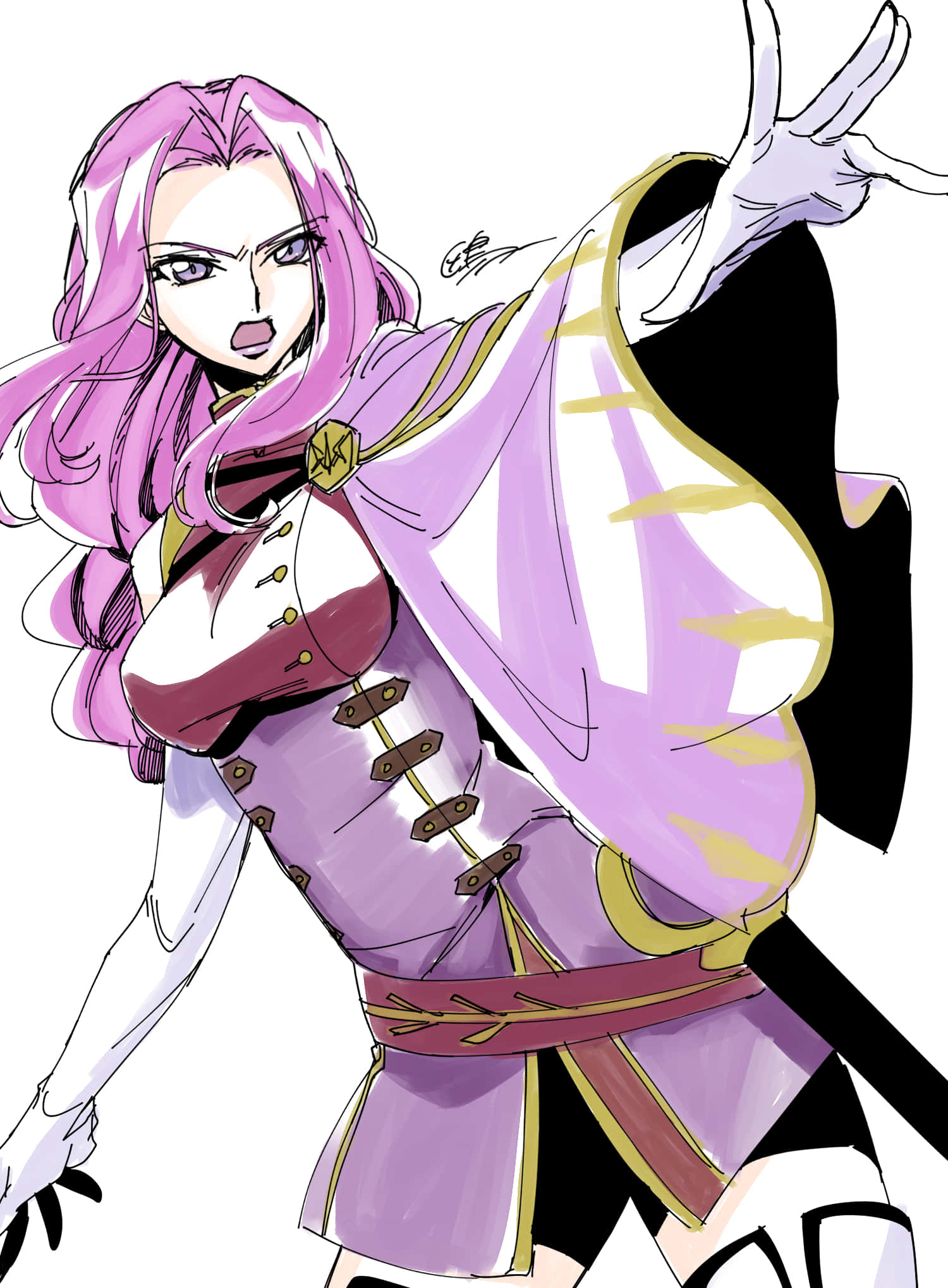 Cornelia Li Britannia 桌布 壁紙 — 一個充滿活力的動漫女孩，粉紅色頭髮和紫色服裝，在白色背景前擺出自信的姿勢。