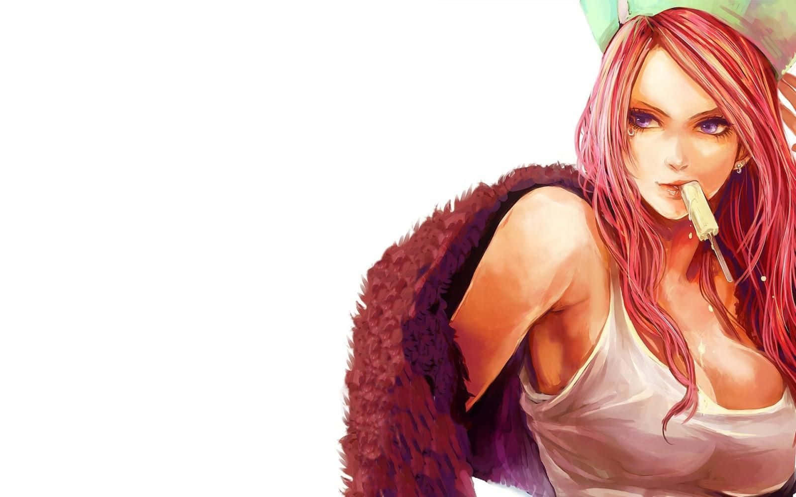 Jewelry Bonney 桌布 壁紙 — 一個充滿活力的動漫女孩，粉紅色頭髮和綠色帽子，穿著毛皮大衣，在純白背景上咬著冰棒。