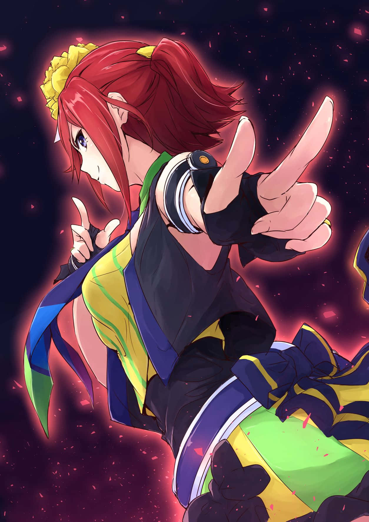 Macross Delta 桌布 壁紙 — 一個充滿活力的動漫女孩，紅髮戴著黃色花冠，在充滿發光粒子的宇宙背景前自信地指著。