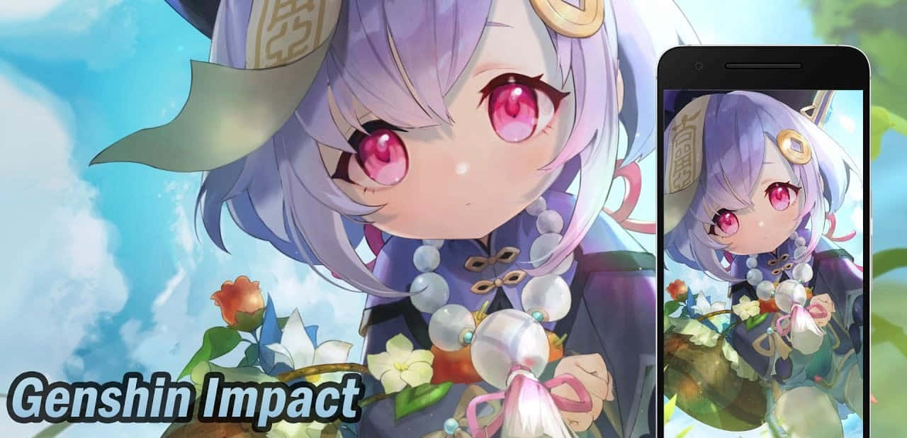 Genshin Impact Qiqi 桌布 壁紙 — 一個充滿活力的動漫女孩，紫色頭髮和粉紅色眼睛，在明亮的藍天下拿著花，映照在智能手機屏幕上。