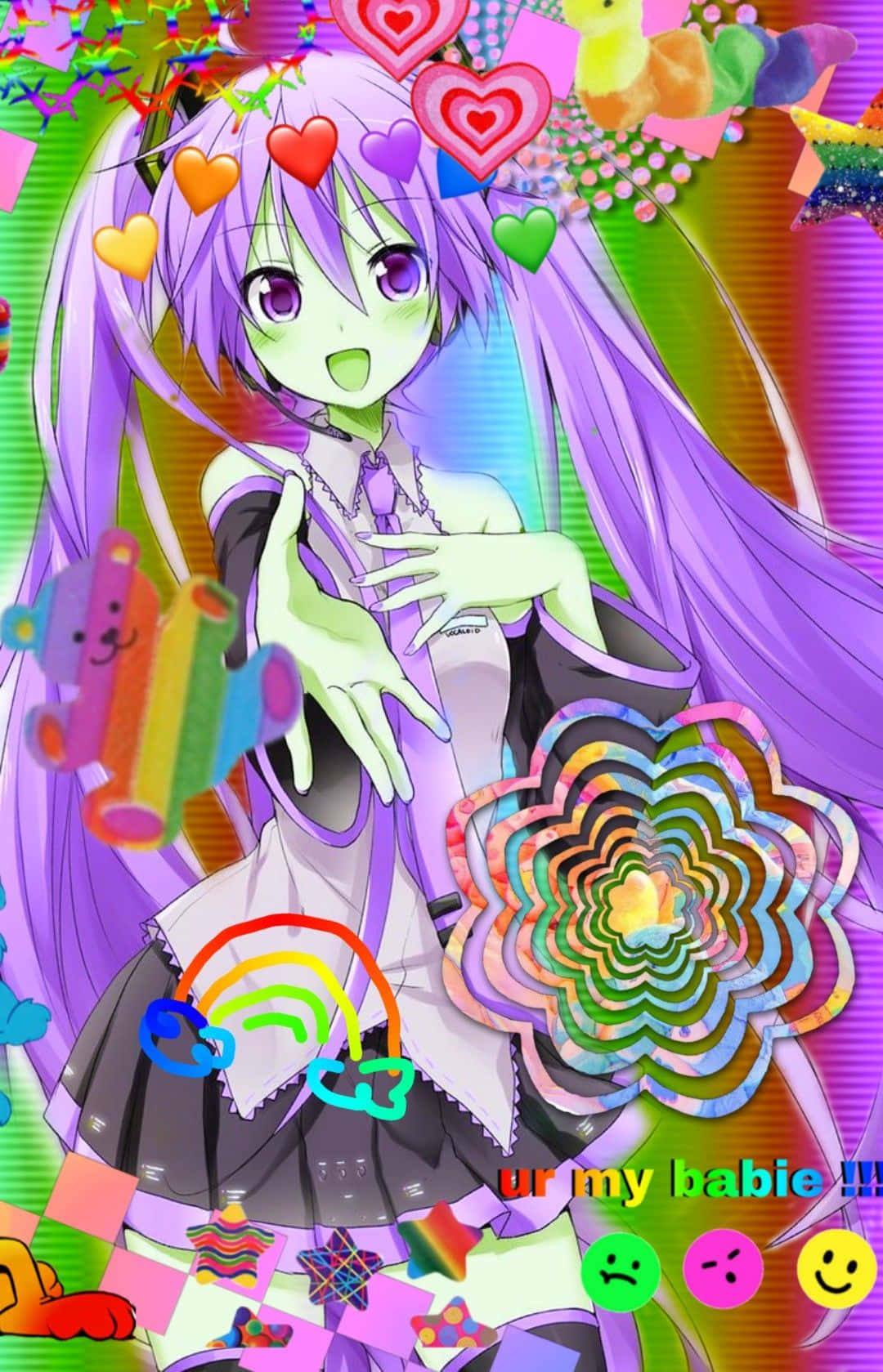 Glitchcore 桌布 壁紙 — 一個充滿活力的動漫女孩，紫色頭髮和發光的眼睛，被色彩繽紛的心形、彩虹和有趣的塗鴉包圍。