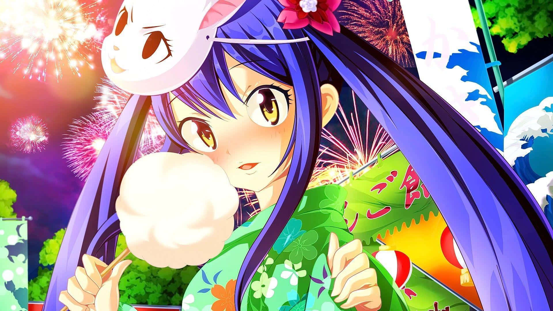 Wendy Marvell 桌布 壁紙 — 一個充滿活力的動漫女孩，紫色頭髮，戴著白色兔子面具，在耀眼的煙花表演中吃棉花糖。