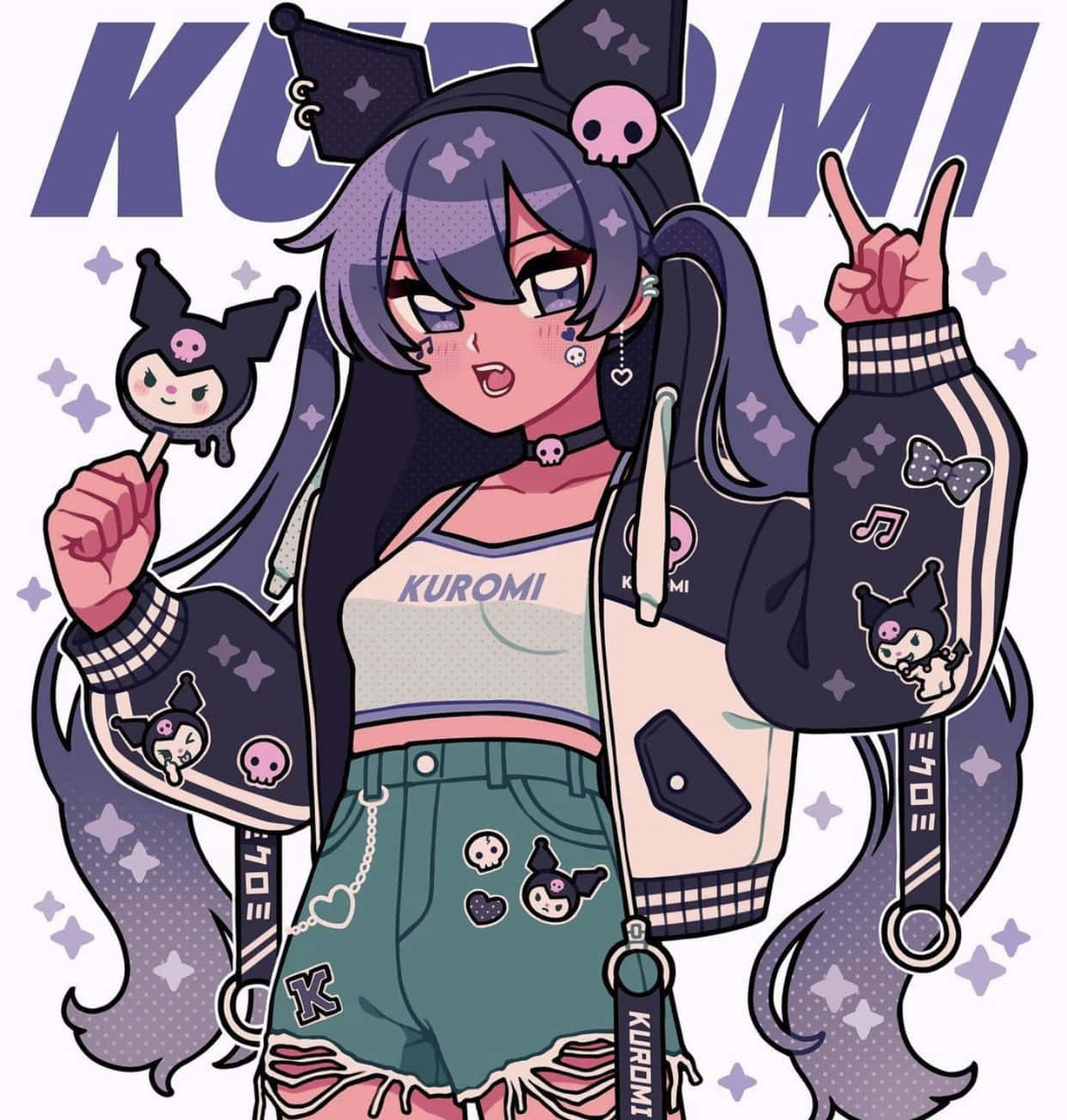 Kuromi Fanart 桌布 壁紙 — 一個充滿活力的動漫女孩，紫色頭髮和骷髏主題配飾，自信地拿著Kuromi棒棒糖並做出搖滾手勢。