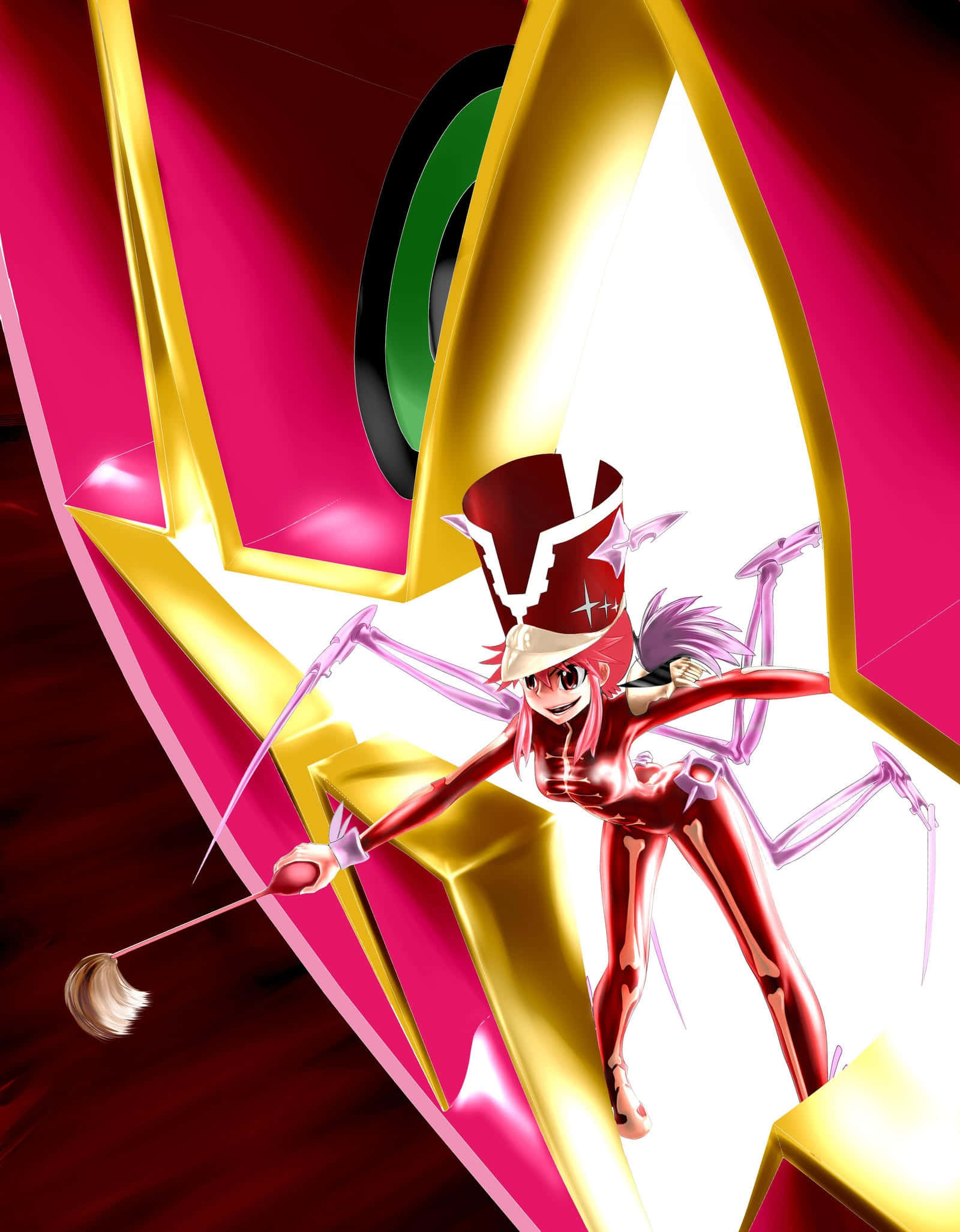 Nonon Jakuzure 桌布 壁紙 — 一個充滿活力的動漫女孩，身穿紅色西裝和高帽，在發光的粉紅色和金色幾何形狀中揮舞魔杖。