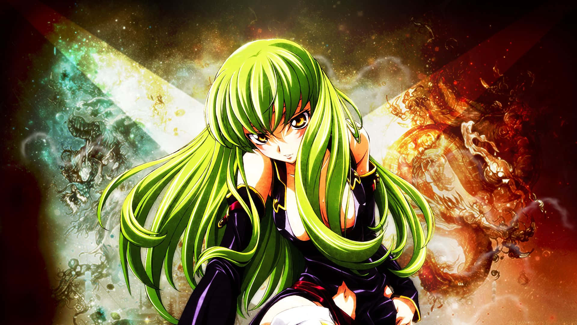 Code Geass C.c. 桌布 壁紙 — 一個充滿活力的動漫女孩，長著綠色長髮，在旋轉的紅色和藍綠色能量的宇宙背景下挑釁地站立。