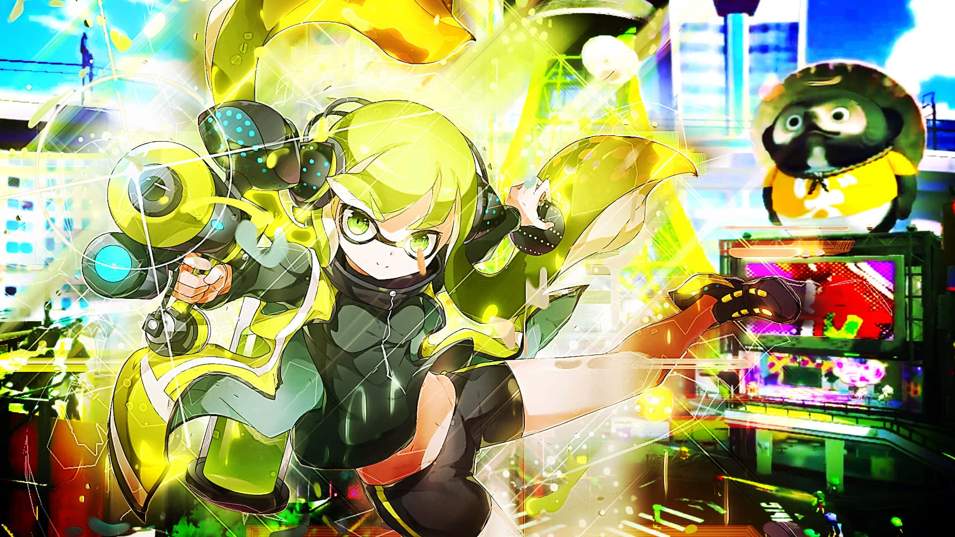 splatoon 2 桌布 壁紙 — 一個充滿活力的動漫女孩，黃色頭髮戴著護目鏡，在霓虹城市混亂中揮舞著油漆炮，附近有一隻類似魷魚的生物。