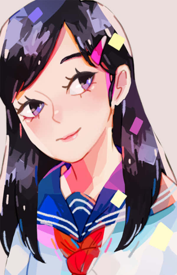 Tsubomi Takane 桌布 壁紙 — 一個充滿活力的動漫女孩，黑髮紫眼，穿著飾有幾何圖案的彩色水手服，溫柔地微笑。