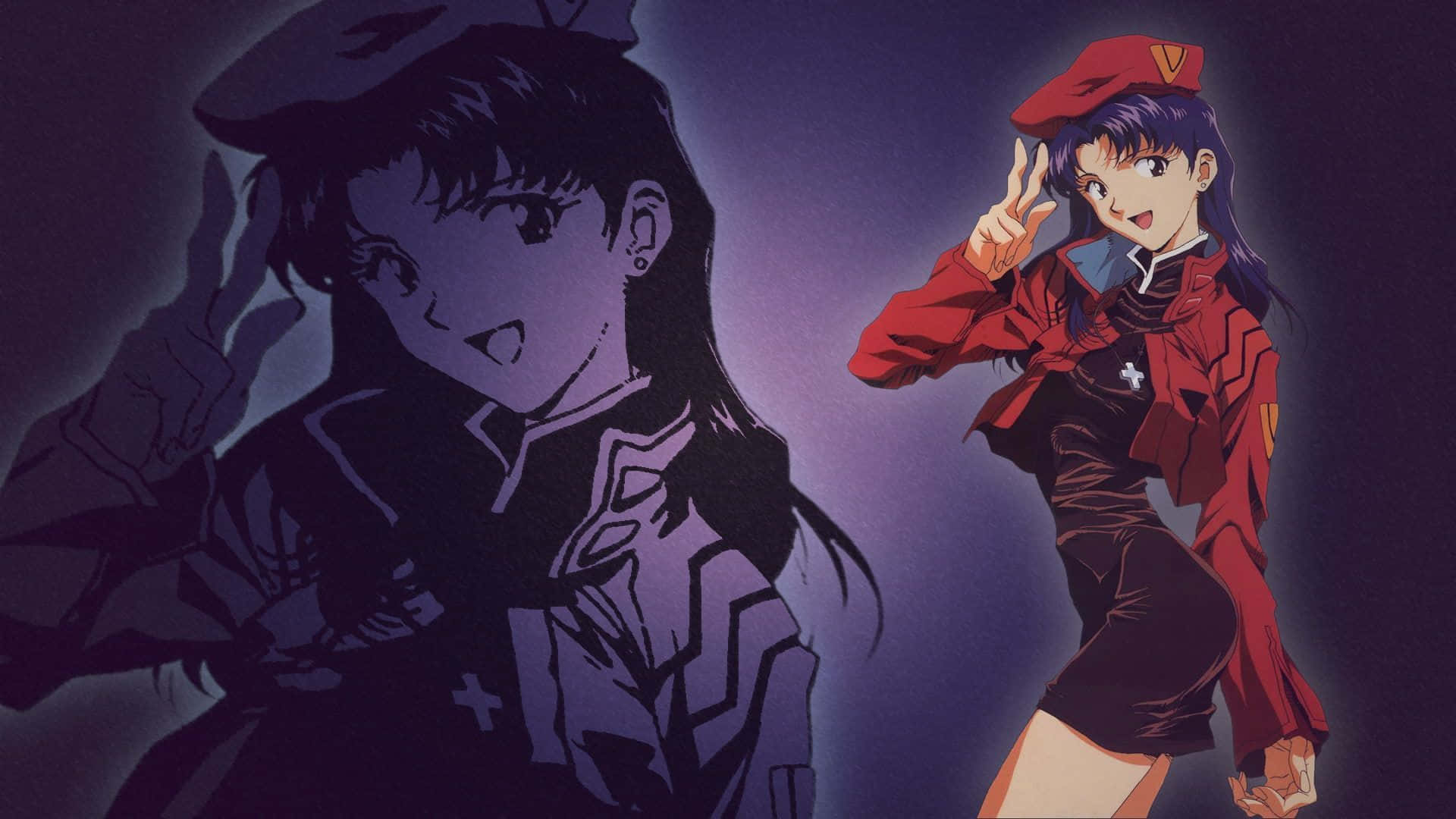 Misato Katsuragi 桌布 壁紙 — 一個充滿活力的動漫女孩穿著紅色制服，在紫色背景前微笑並擺姿勢，旁邊是另一個角色的陰影輪廓。