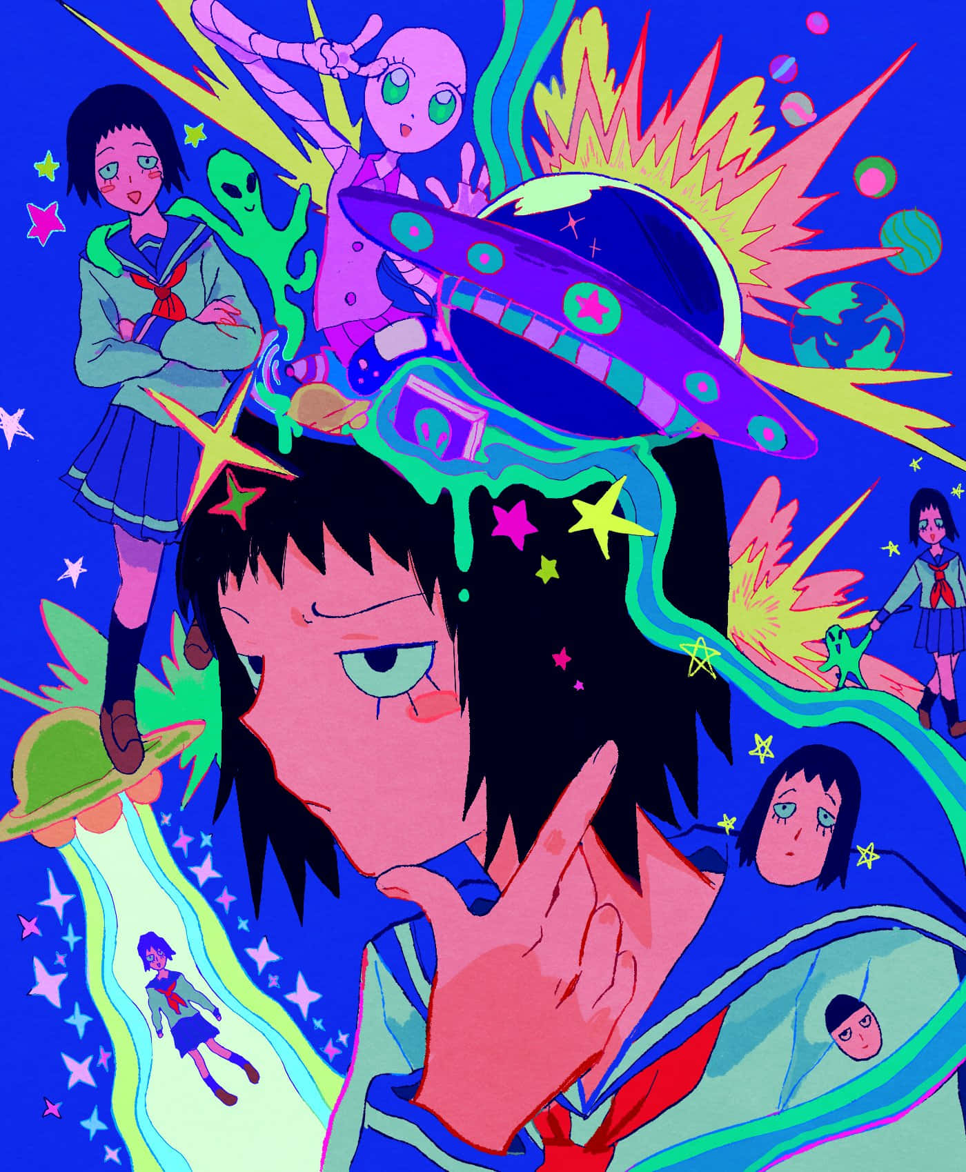 Tome Kurata 桌布 壁紙 — 一個充滿活力的動漫女學生穿著校服，被外星人、UFO和宇宙爆炸環繞，背景是星空藍色。