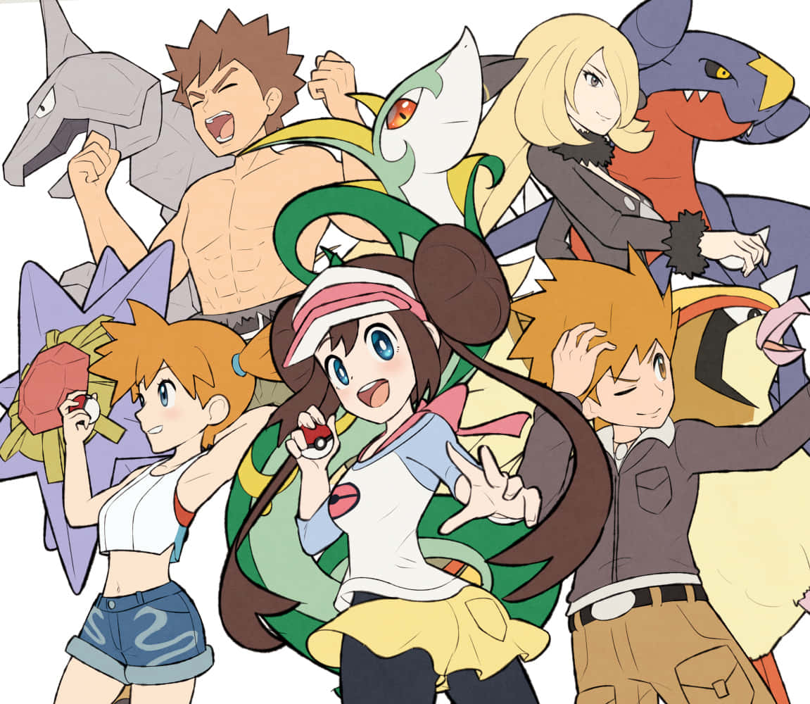 Pokemon Masters 桌布 壁紙 — 一個充滿活力的動漫小精靈訓練員與他們的小精靈在白色背景前充滿活力地擺姿勢。