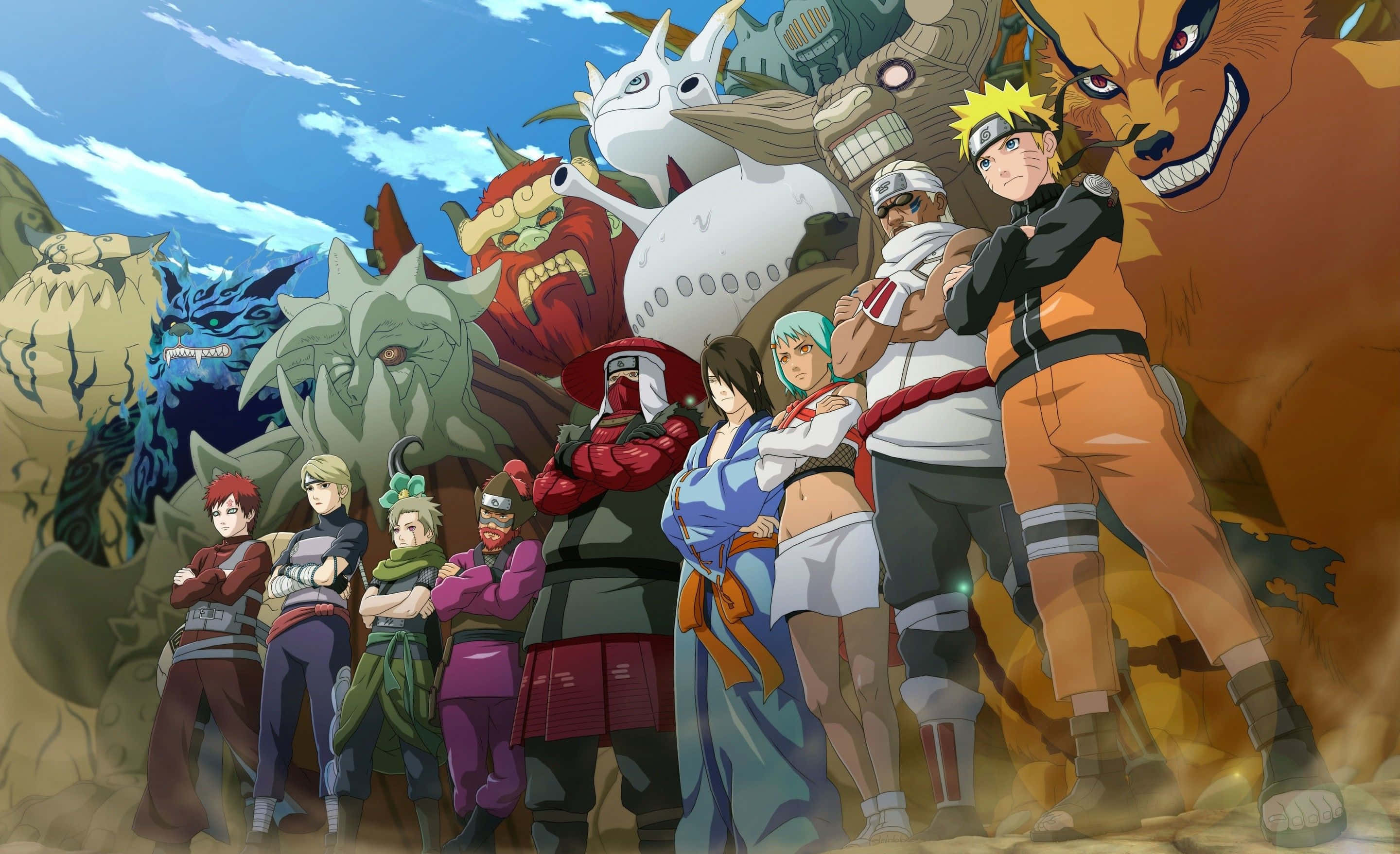 Naruto's Friend 桌布 壁紙 — 一個充滿活力的動漫忍者與巨獸群體，在帶有雲朵的明亮藍天下英勇站立。