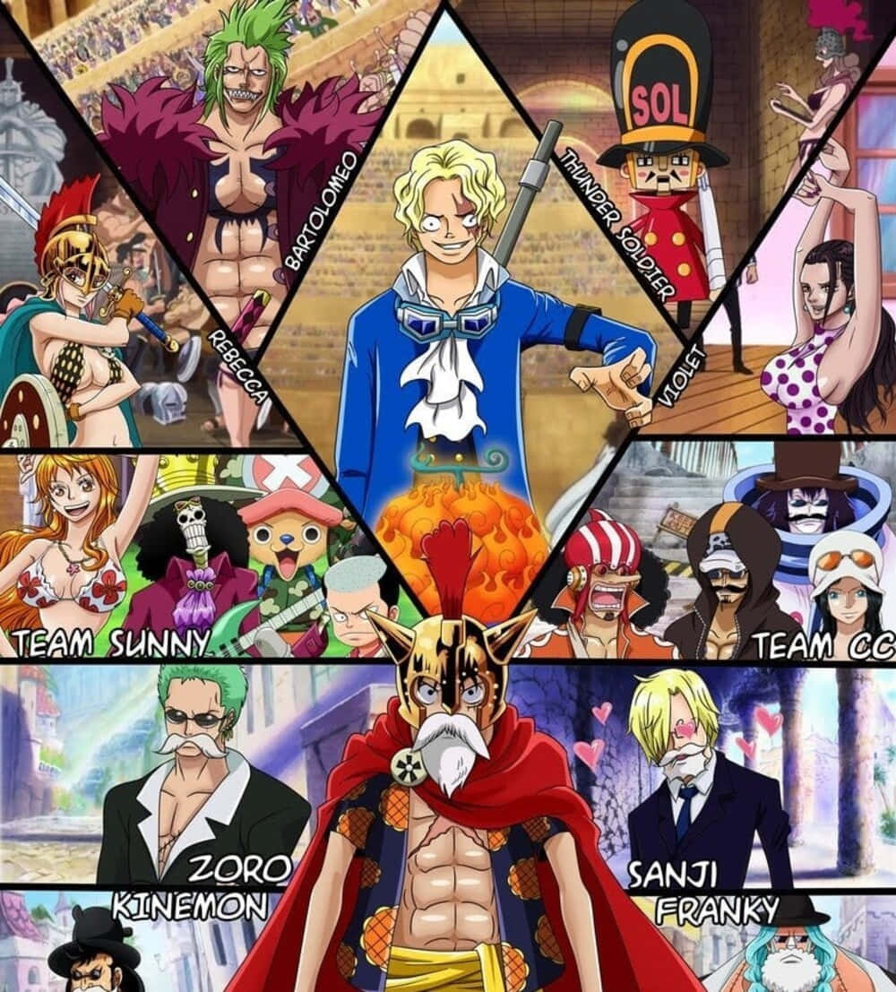 Dressrosa 桌布 壁紙 — 一個充滿活力的動漫拼貼畫，以彩色三角形面板展示多個 One Piece 角色的動態姿勢。