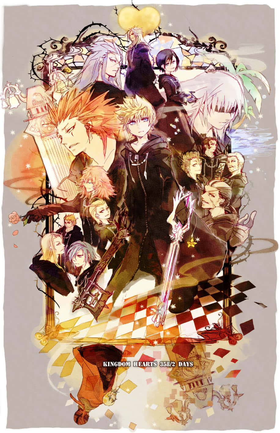 Kingdom Hearts Organization 13 桌布 壁紙 — 一個充滿活力的動漫拼貼畫，展示王國之心 358/2 Days 的角色在方格地板和華麗框架上動態擺姿勢。