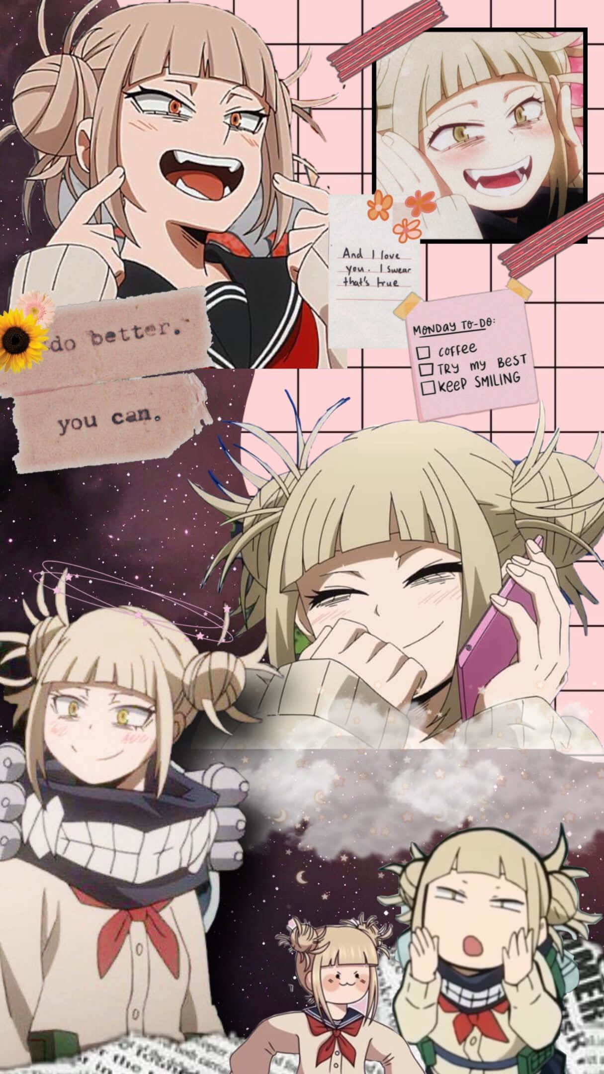 Toga 桌布 壁紙 — 一個充滿活力的動漫拼貼畫，描繪一個金髮女孩各種開心的表情，附有手寫筆記和宇宙背景。