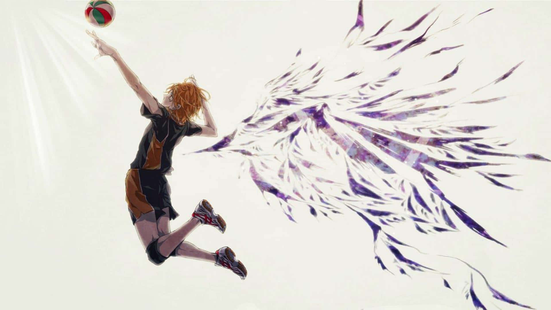 Haikyuu Fan Art 桌布 壁紙 — 一個充滿活力的動漫排球運動員跳起，身後拖曳著動態的紫色翅膀狀能量，扣殺排球。