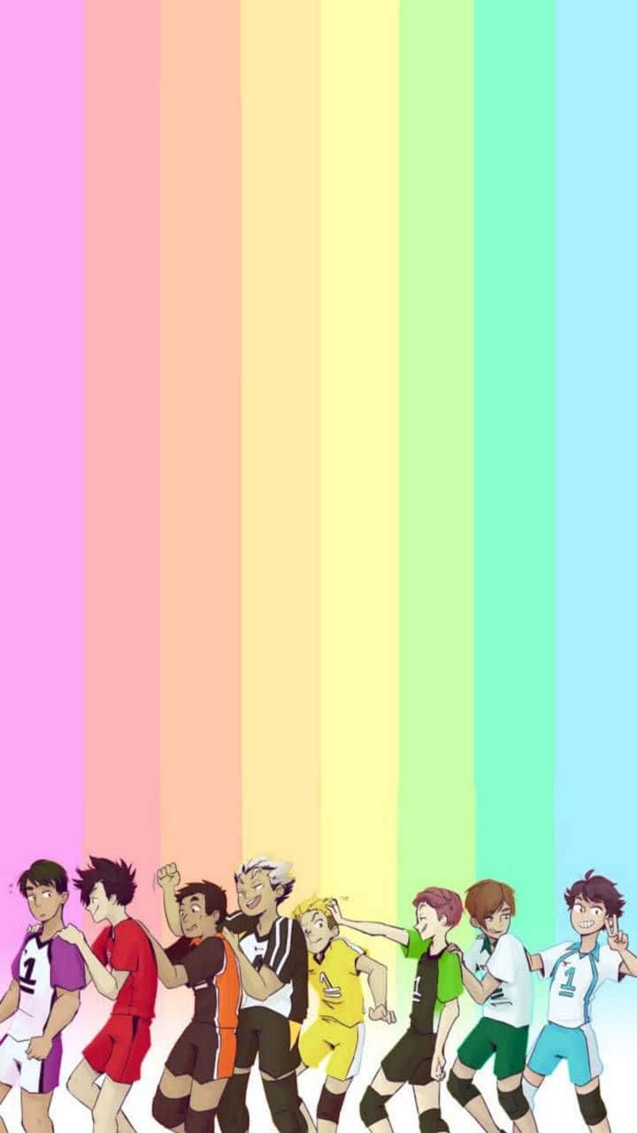 Haikyuu Captains 桌布 壁紙 — 一個充滿活力的動漫排球隊在彩虹條紋背景前自信地擺姿勢。