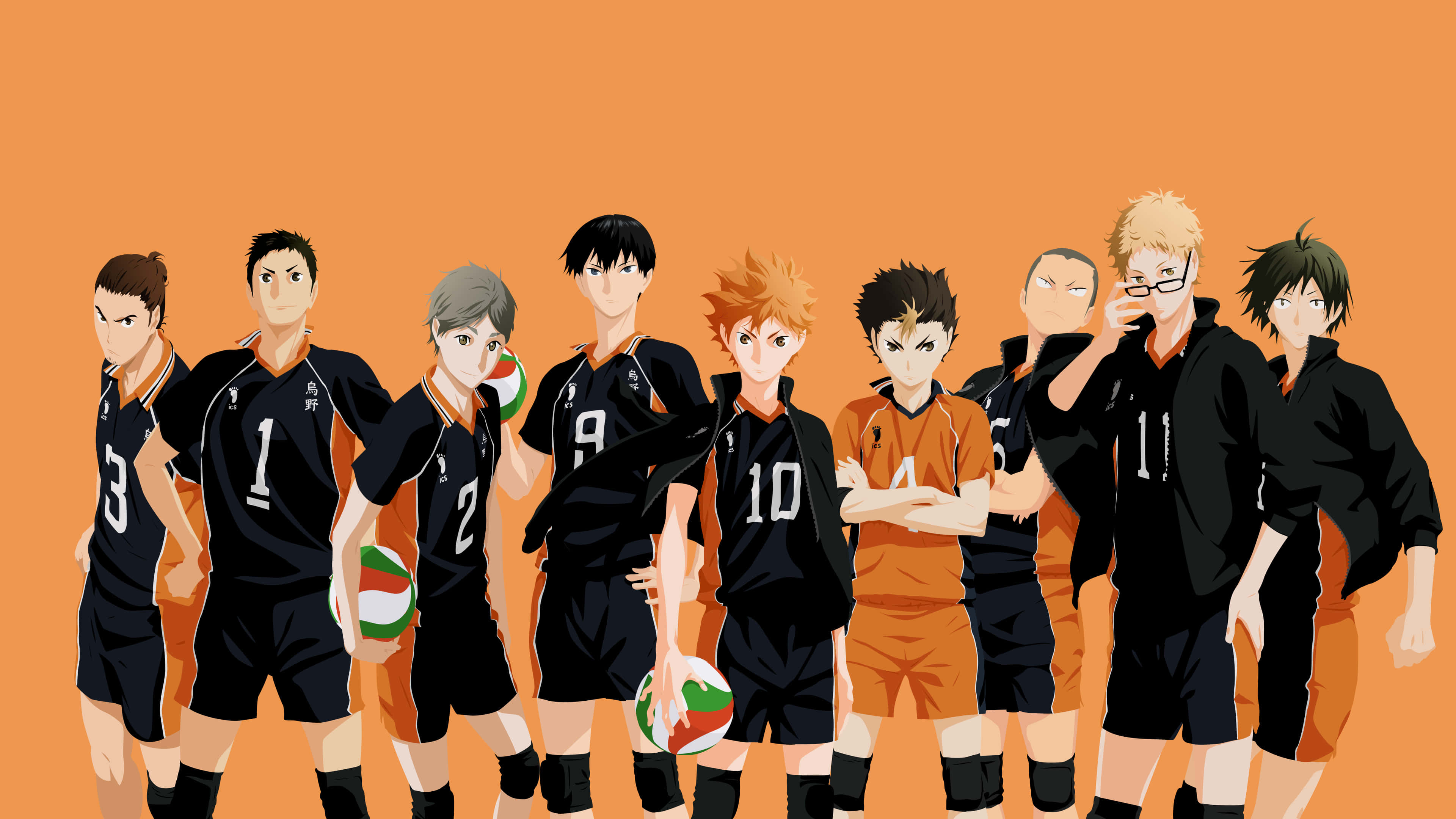 Haikyuu Captains 桌布 壁紙 — 一個充滿活力的動漫排球隊穿著黑色和橙色的制服，在純橙色背景前自信地擺姿勢。