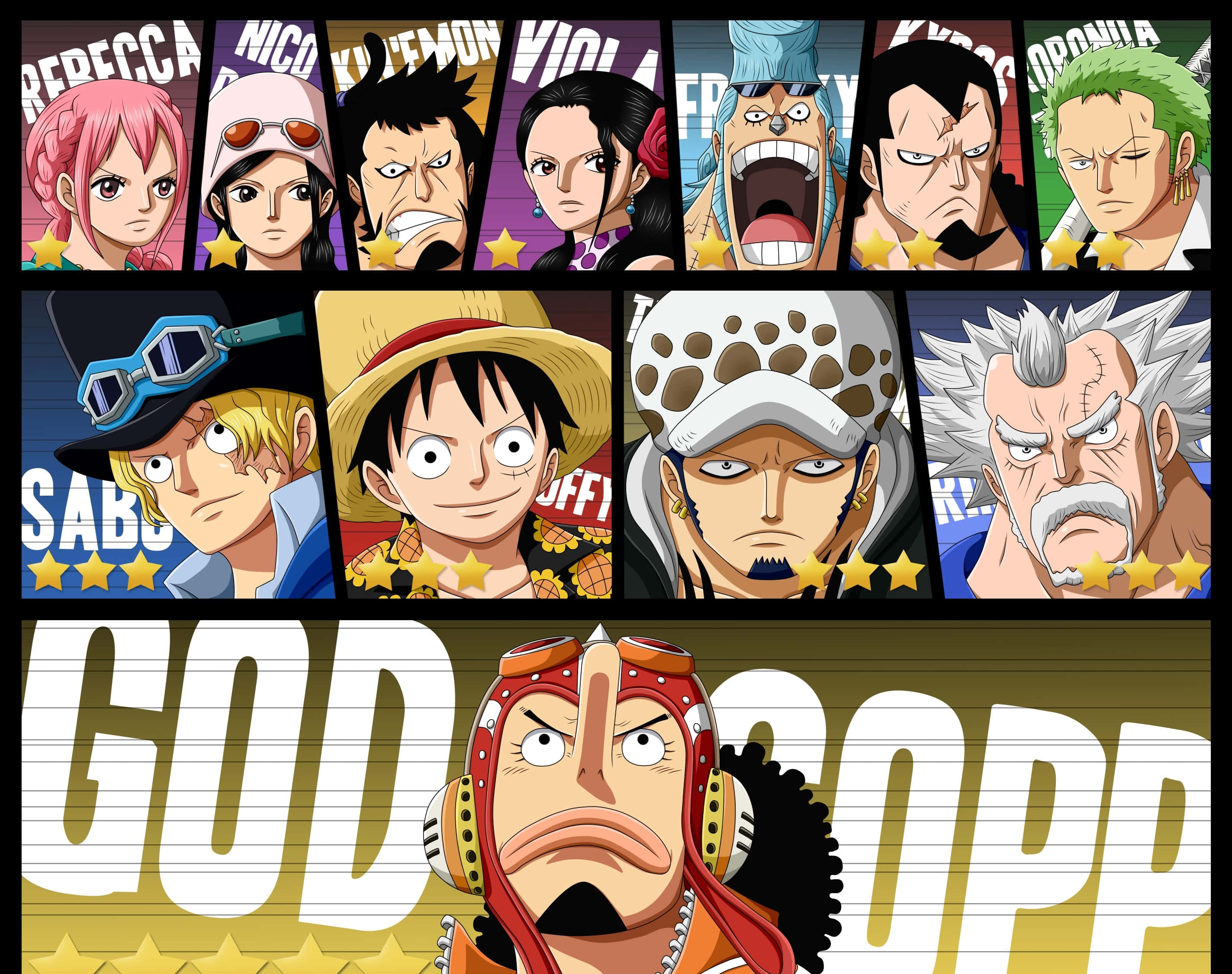 Dressrosa 桌布 壁紙 — 一個充滿活力的動漫牆紙，以網格形式展示One Piece角色，帶有鮮明的表情和星級評分，頂部有大型「GOD COPP」文字。