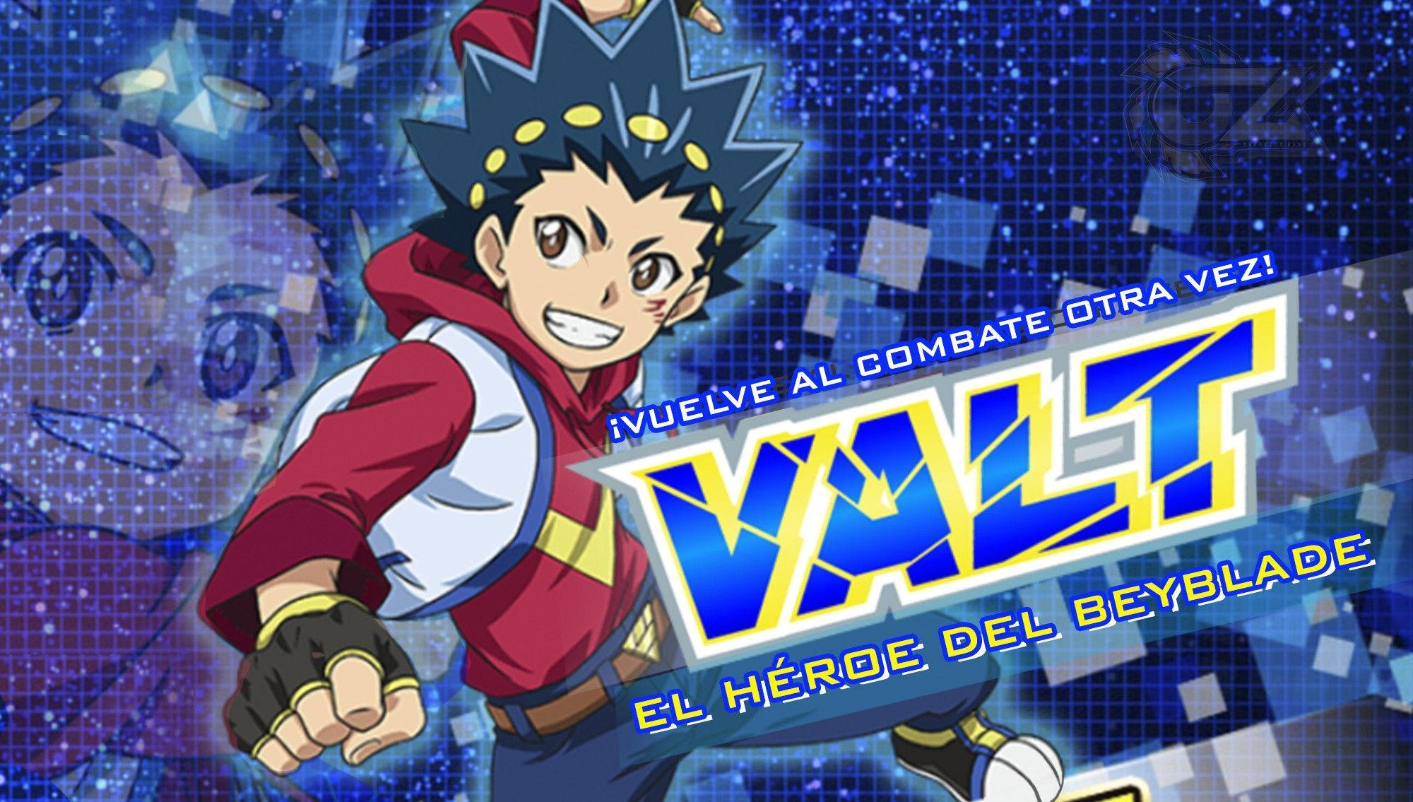Beyblade Burst Happy Valt Aoi 壁紙 — 一個充滿活力的動漫男孩，擁有尖刺的藍色頭髮和紅色外套，在閃爍的藍色數位背景前自信地擺姿勢，背景上有粗體西班牙文字。