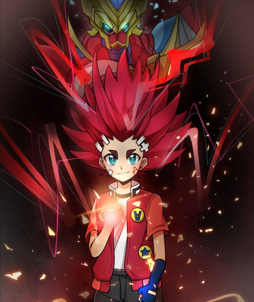 Beyblade 桌布 壁紙 — 一個充滿活力的動漫男孩，擁有尖刺的紅髮和發光的藍色眼睛，自信地站著，身後一個紅色裝甲機器人在黑暗的宇宙背景下若隱若現。