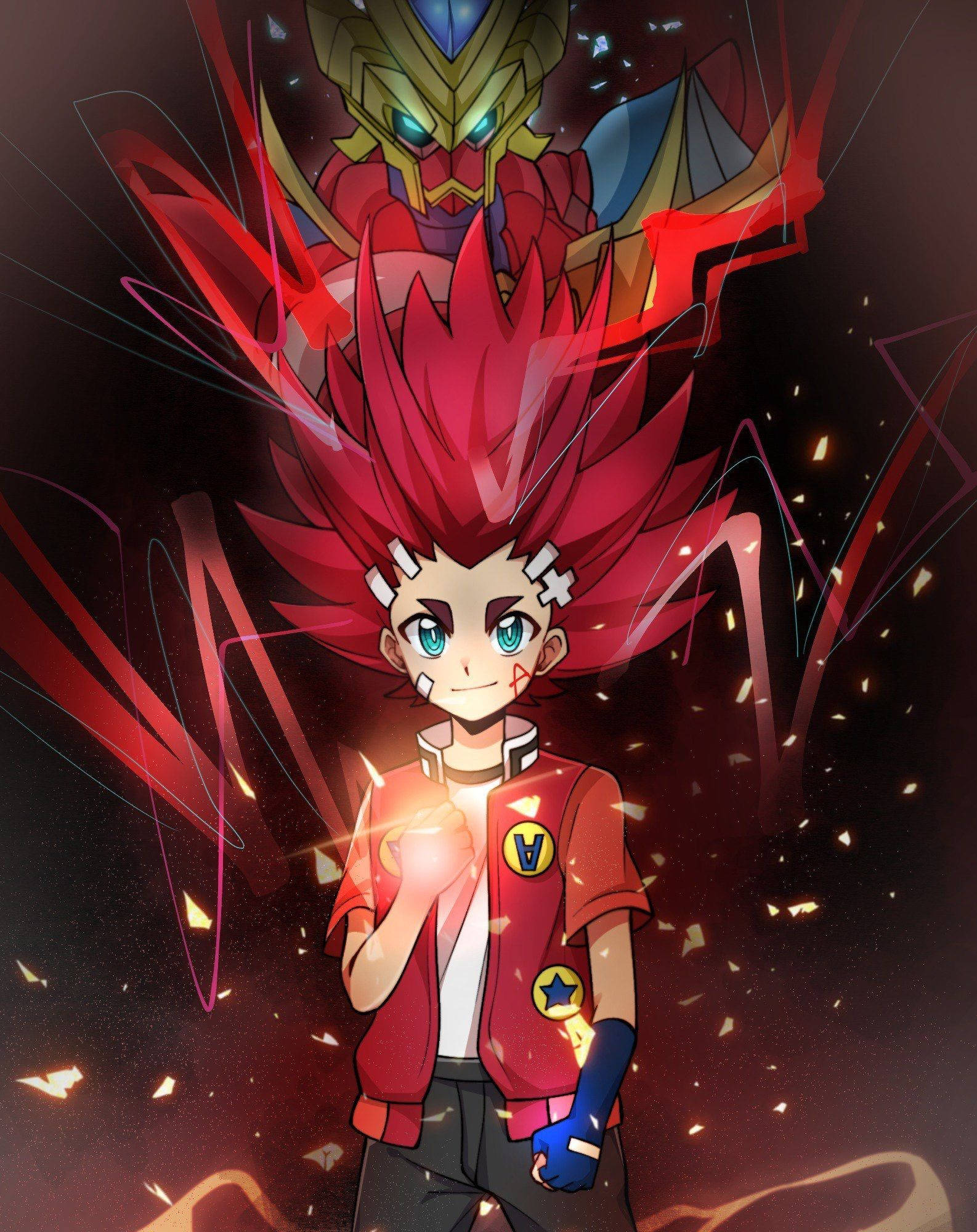 Beyblade Burst Aiga Sparking Awakening 壁紙 — 一個充滿活力的動漫男孩，擁有尖刺的紅髮和發光的藍色眼睛，自信地站著，手持一個發光的球體，身後有一個金色機器人，在黑暗的宇宙背景下若隱若現。