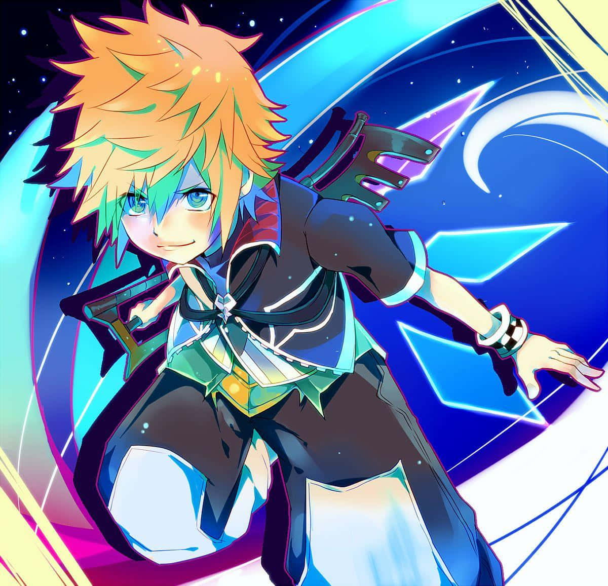 Kingdom Hearts Ventus 桌布 壁紙 — 一個充滿活力的動漫男孩，有著尖刺的橙色和綠色頭髮，在宇宙星空背景中揮舞著一把發光的劍，伴隨著霓虹能量條紋。